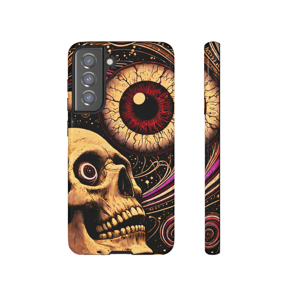 Impact-resistant tough phone case featuring a dark cosmic skull and eye design on a durable dual-layer shell by NecroGrip.