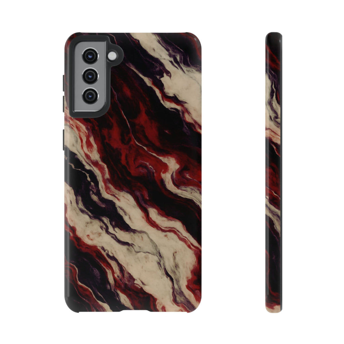 NecroGrip “Fascia” impact-resistant phone case with red, bone, and black marbled streaks, abstract muscle-like pattern on a slim dual-layer shell.