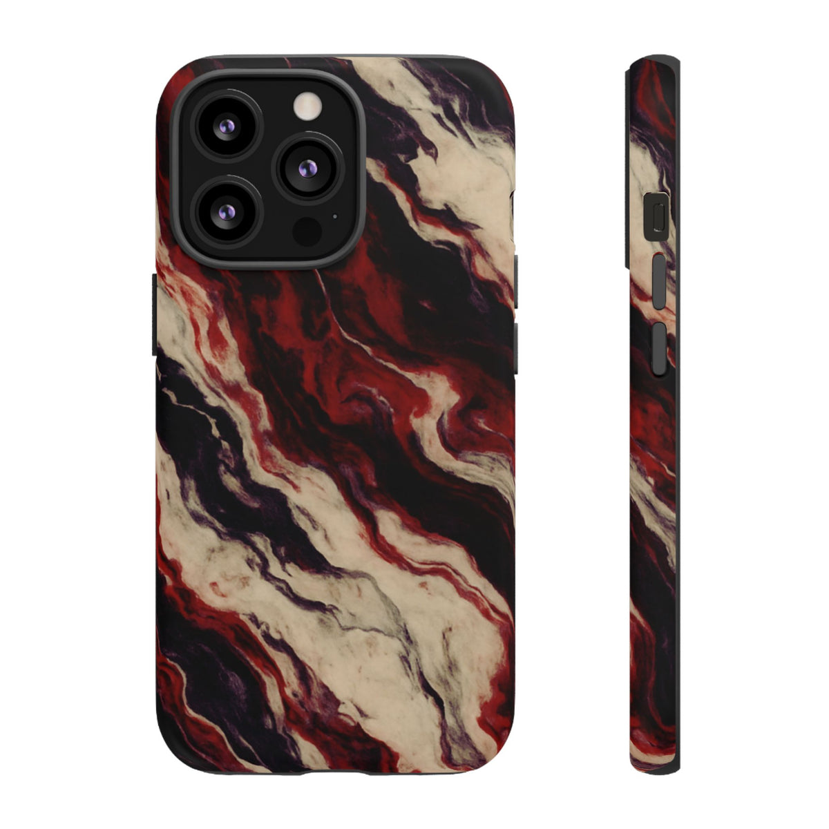 NecroGrip “Fascia” impact-resistant phone case with red, bone, and black marbled streaks, abstract muscle-like pattern on a slim dual-layer shell.