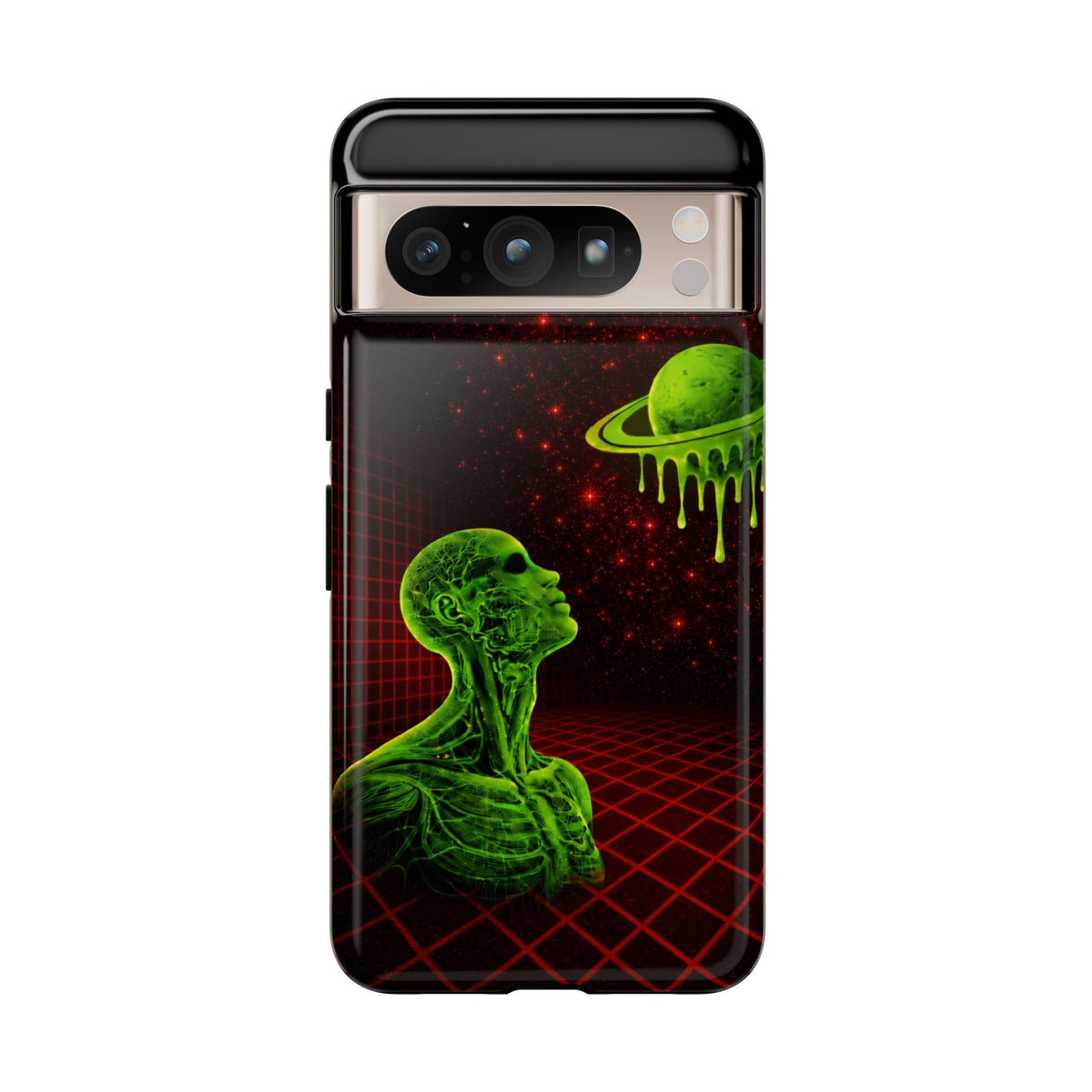 Glowing green anatomical bust gazing up at a dripping Saturn-like planet over a red grid and star-speckled space background on a black phone case.