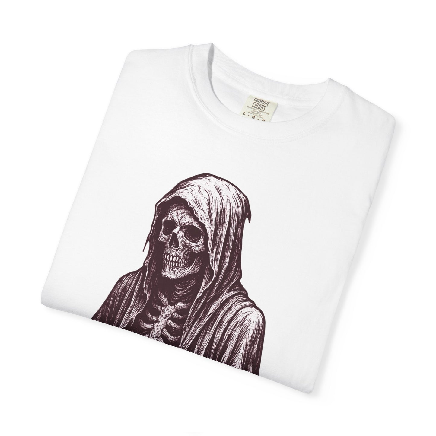 Half Grim design on white Comfort Colors tee by NecroGrip