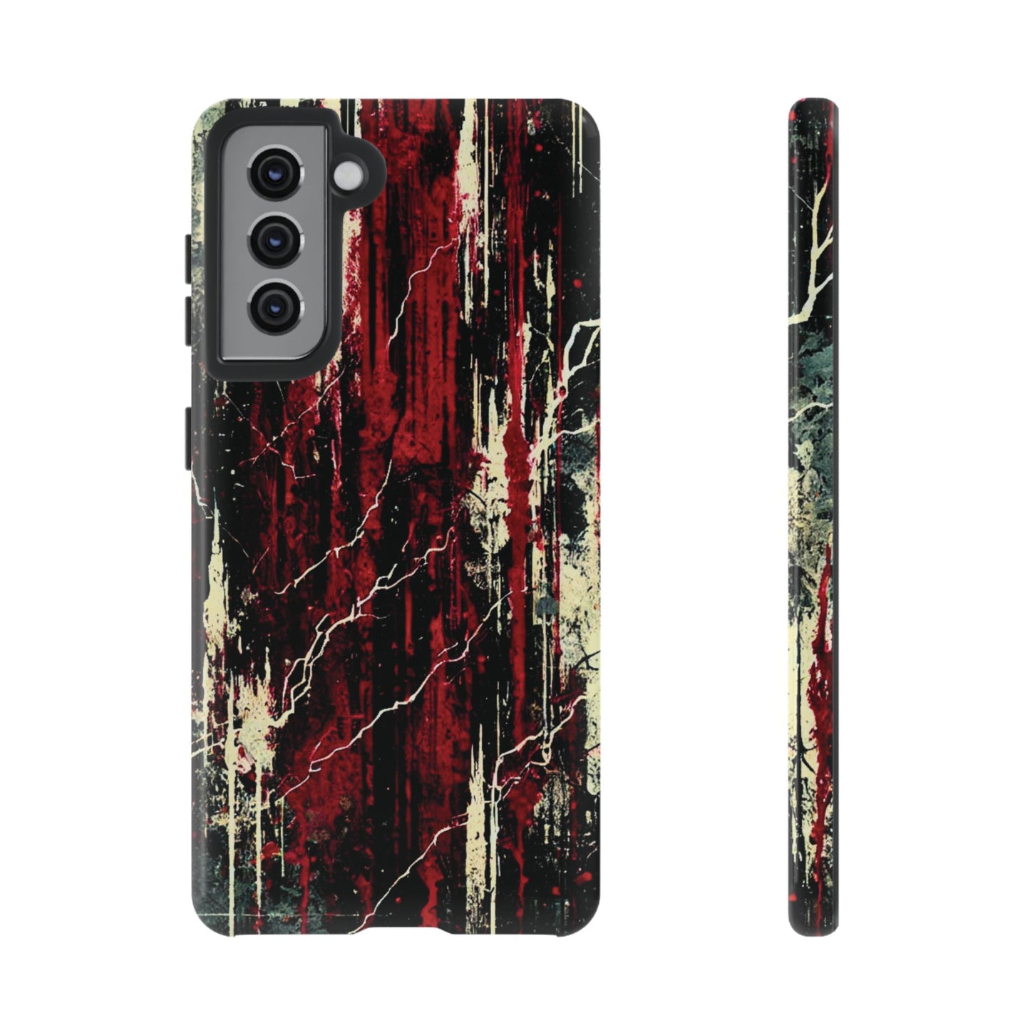 Corrosive impact-resistant phone case with distressed red, black, and bone-white design for iPhone, Samsung, and Google Pixel by NecroGrip.