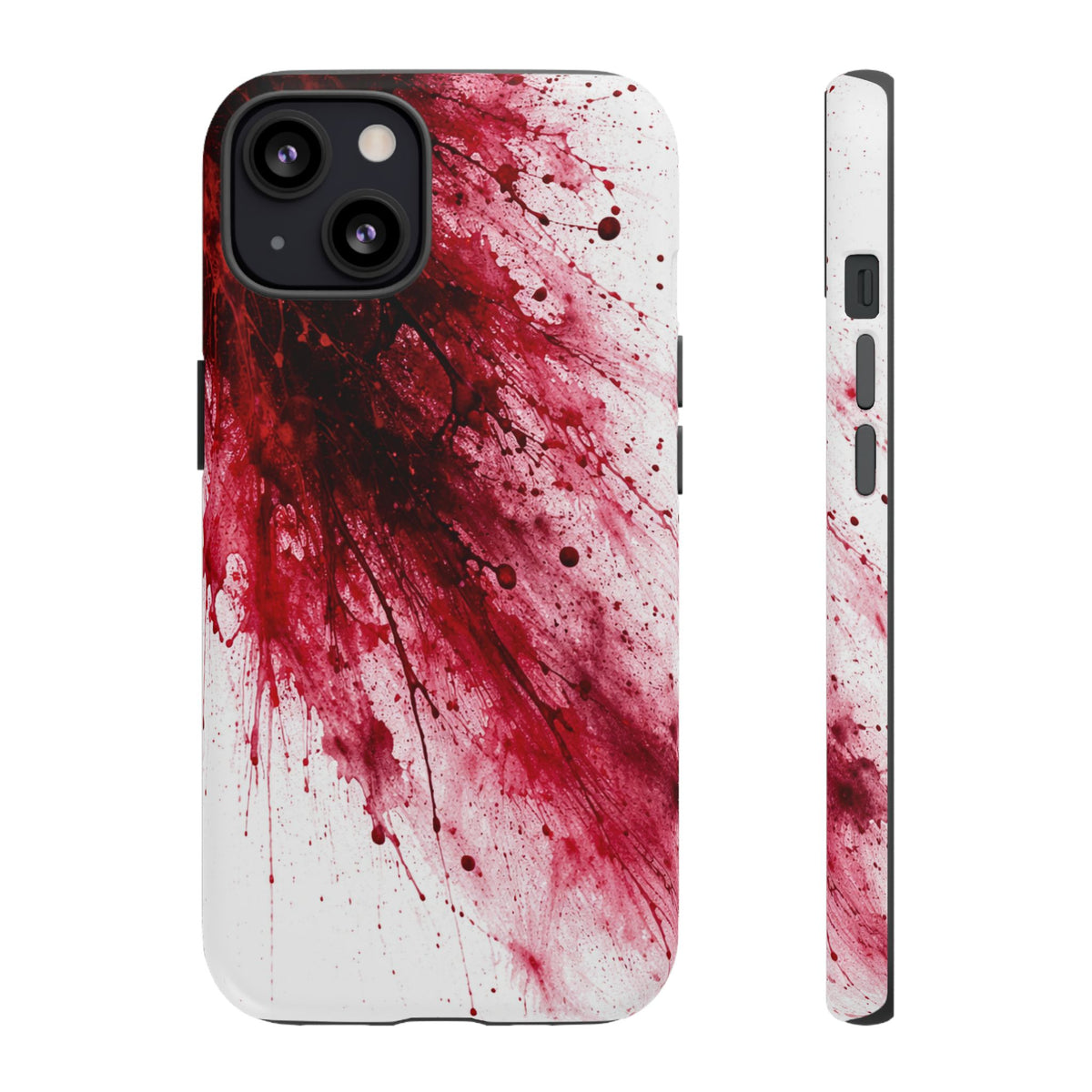 Phone case with red and black abstract design on a white background