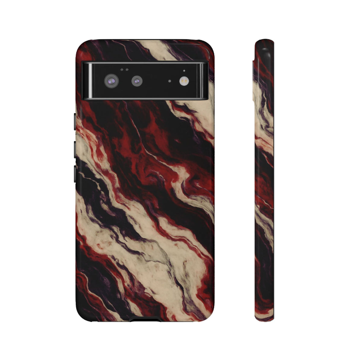 NecroGrip “Fascia” impact-resistant phone case with red, bone, and black marbled streaks, abstract muscle-like pattern on a slim dual-layer shell.