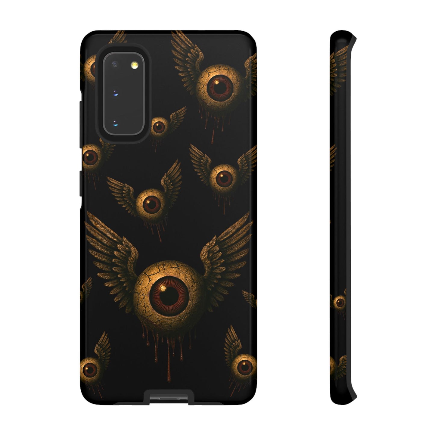 Black phone case with multiple cracked eyeballs with wings, dripping in rust, flying across a dark void.