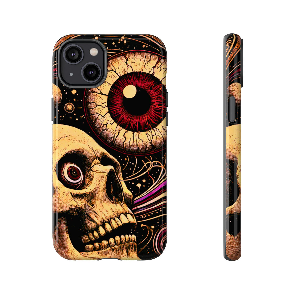 Impact-resistant tough phone case featuring a dark cosmic skull and eye design on a durable dual-layer shell by NecroGrip.