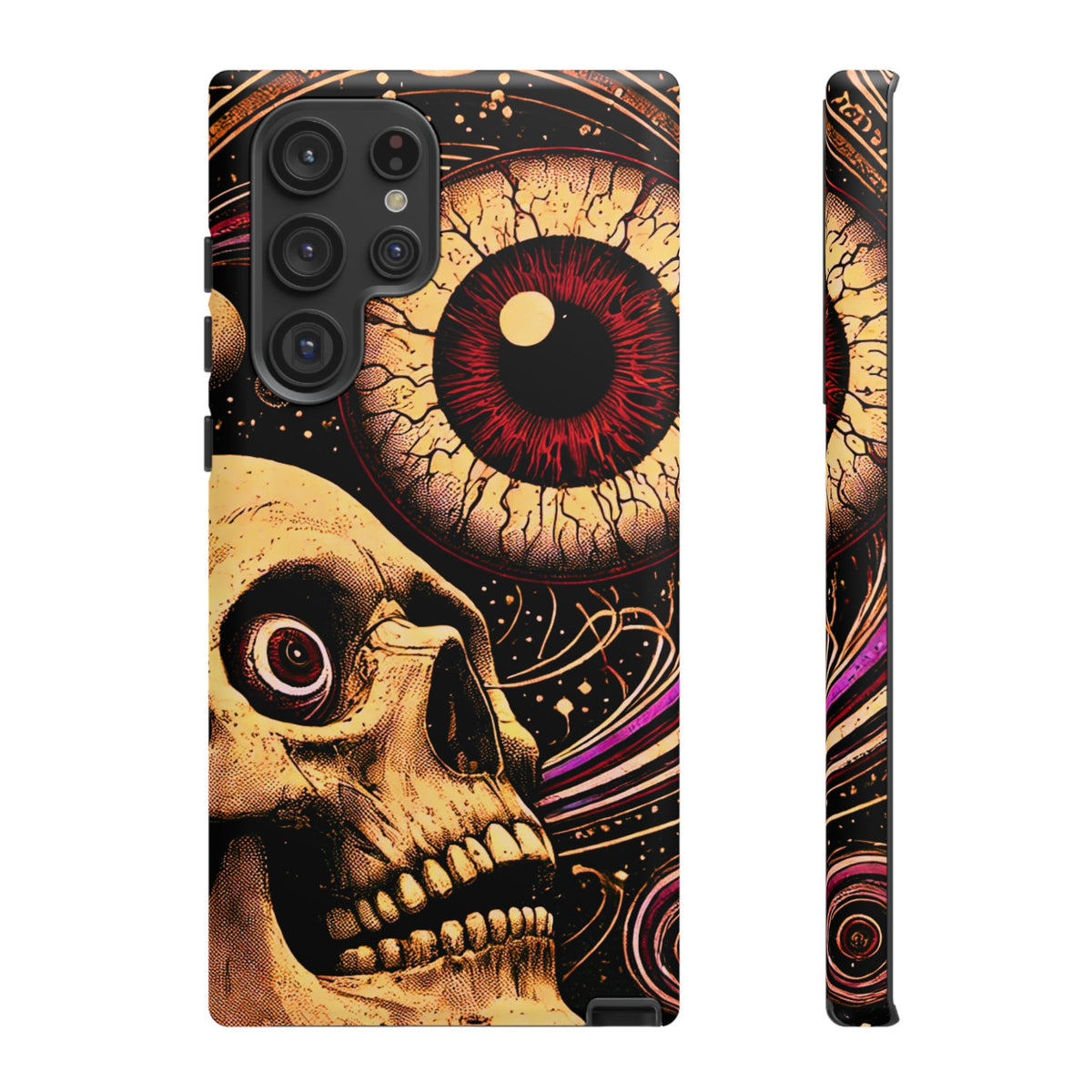 Impact-resistant tough phone case featuring a dark cosmic skull and eye design on a durable dual-layer shell by NecroGrip.