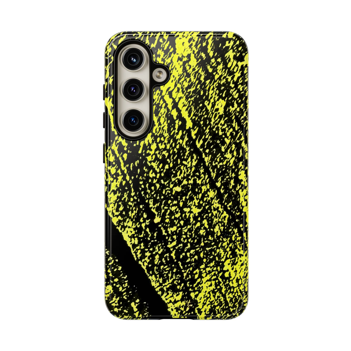 A protective phone case featuring a high-contrast black and neon yellow abstract textured pattern, shown on a plain white background.