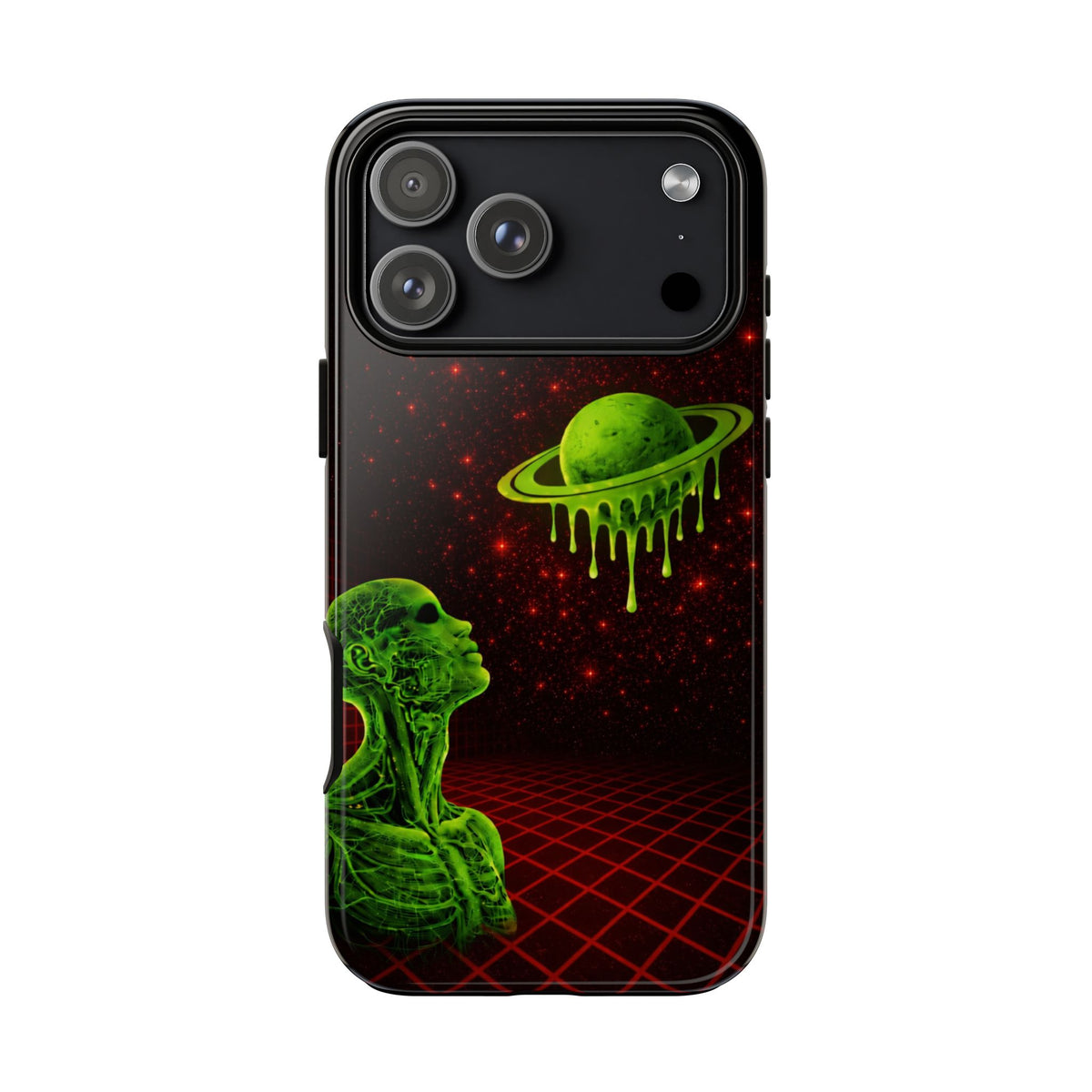 Glowing green anatomical bust gazing up at a dripping Saturn-like planet over a red grid and star-speckled space background on a black phone case.
