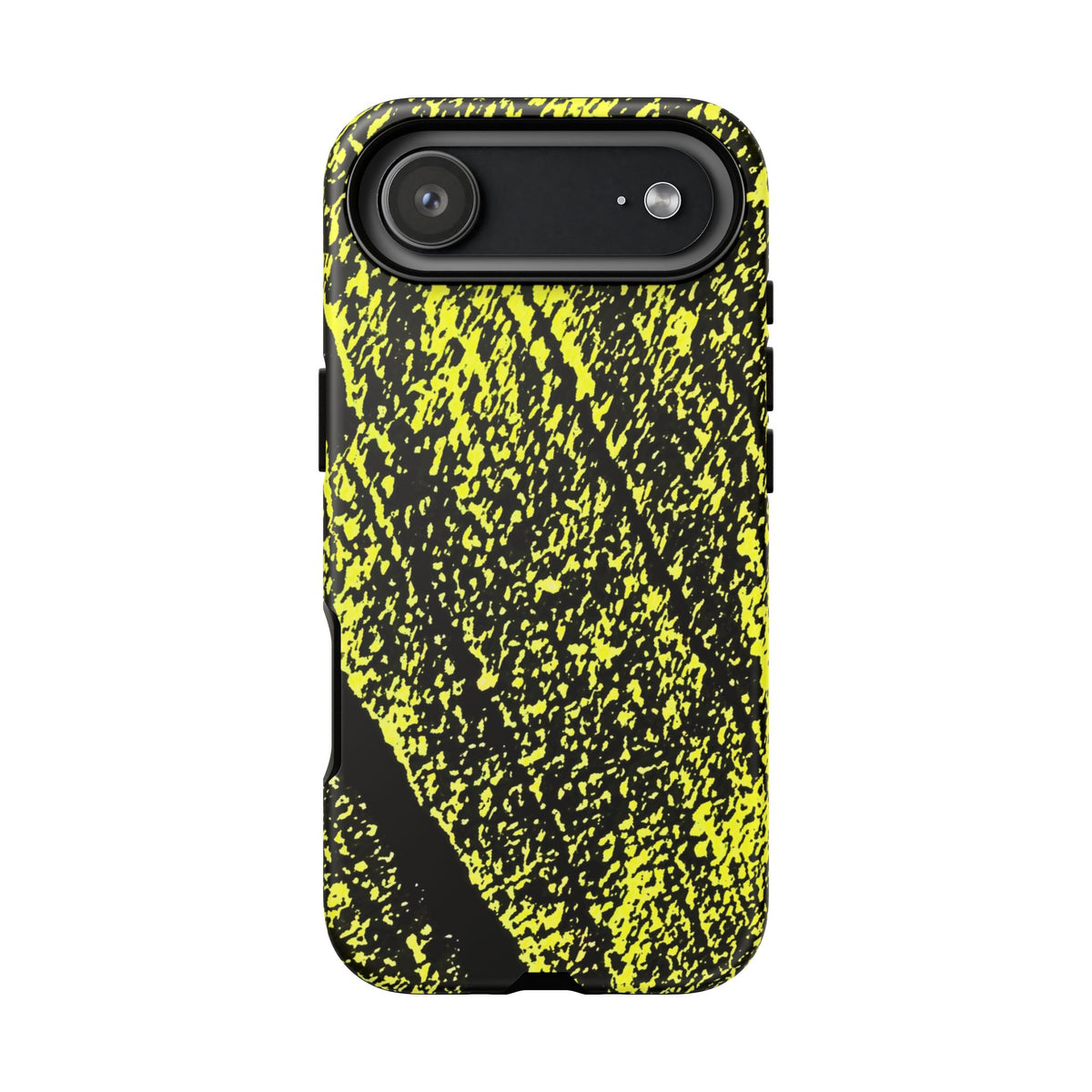 A phone case featuring a high-contrast black and neon yellow splatter pattern, shown on a solid white background.