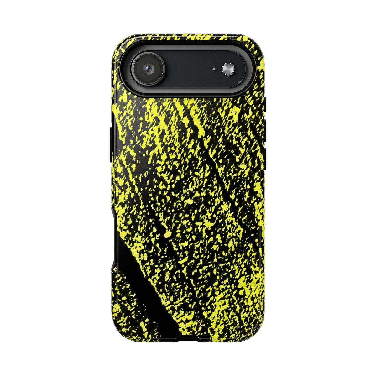 Bloom to Consume protective phone case featuring a black and toxic yellow organic decay pattern.