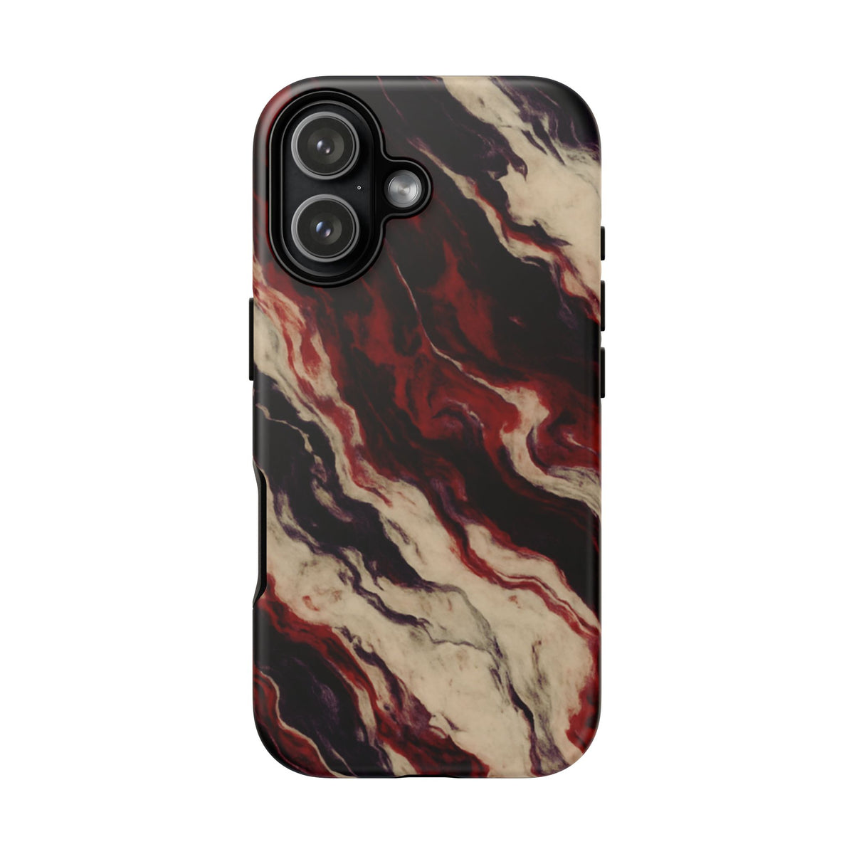 NecroGrip “Fascia” impact-resistant phone case with red, bone, and black marbled streaks, abstract muscle-like pattern on a slim dual-layer shell.