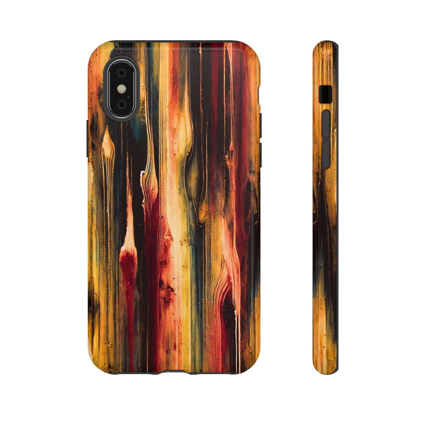 Rupture by NecroGrip tough phone case with red, gold, and black drip design
