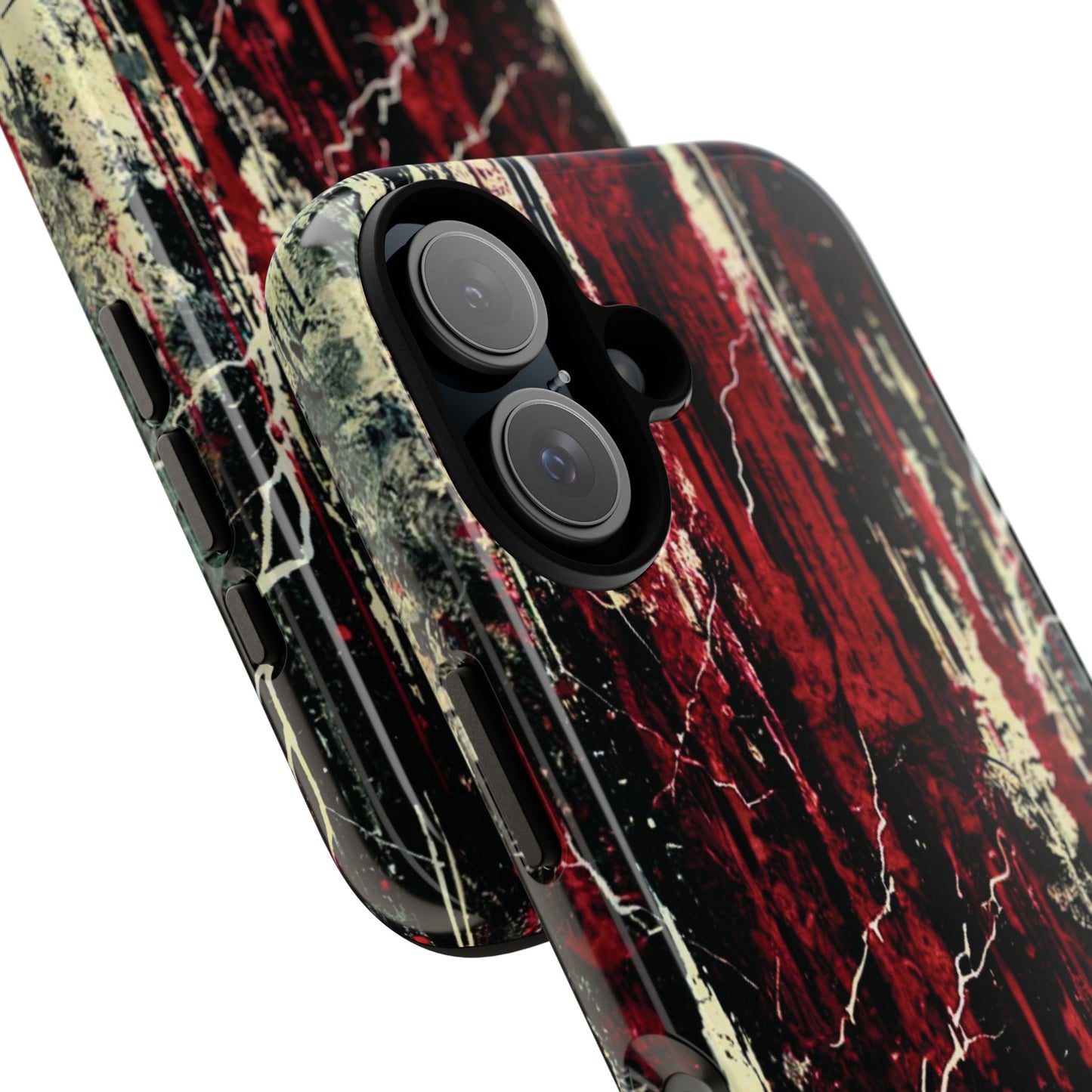 Corrosive impact-resistant phone case with distressed red, black, and bone-white design for iPhone, Samsung, and Google Pixel by NecroGrip.