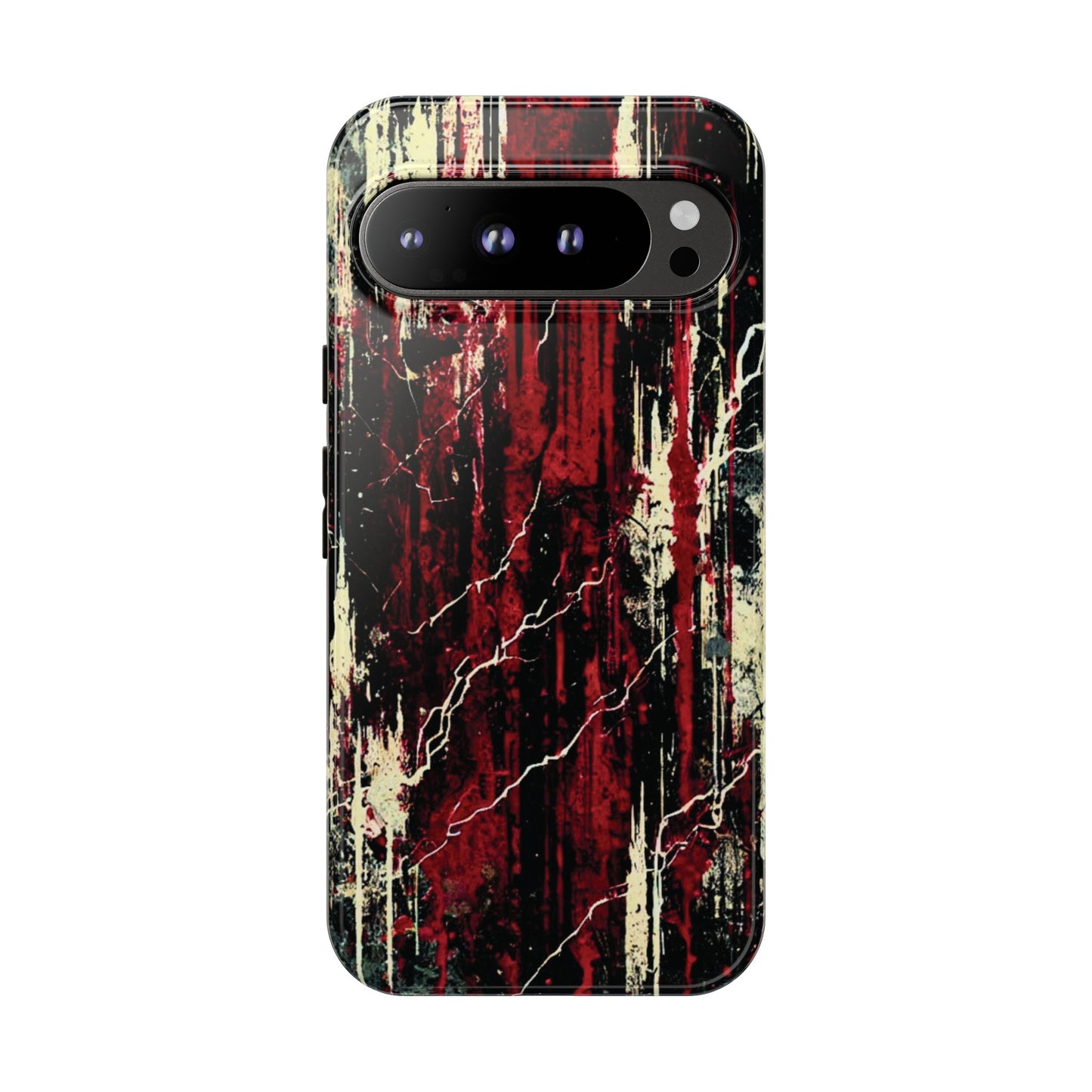 Corrosive impact-resistant phone case with distressed red, black, and bone-white design for iPhone, Samsung, and Google Pixel by NecroGrip.