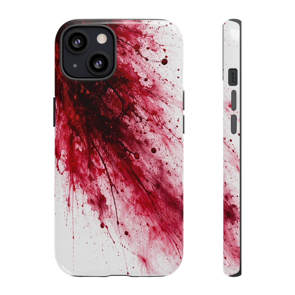 Phone case with red and black abstract design on a white background