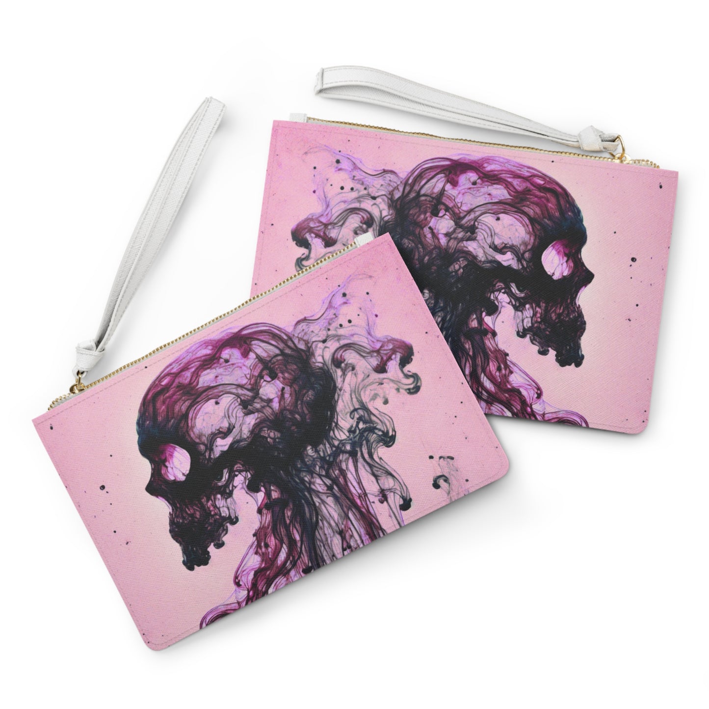 Front and back of Occipital clutch bag showing continuation of skull-inspired magenta and black ink artwork.