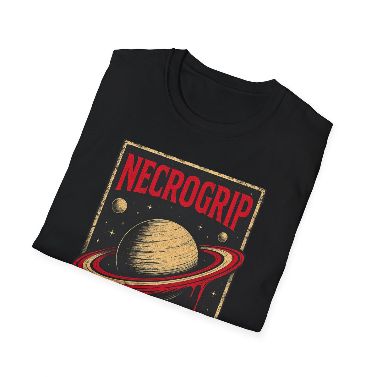 Blood Rings T-Shirt by NecroGrip — vintage sci-fi horror Saturn shirt with occult drip and cosmic decay aesthetic. Printed on Gildan Softstyle tee.