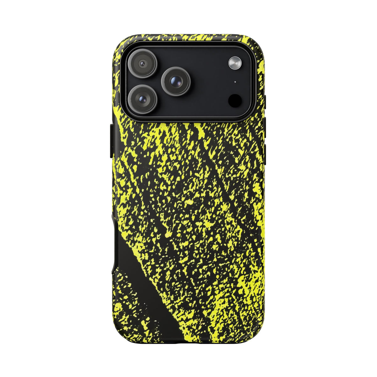 A protective phone case with a black and neon yellow splattered paint pattern, shown on a plain white background.