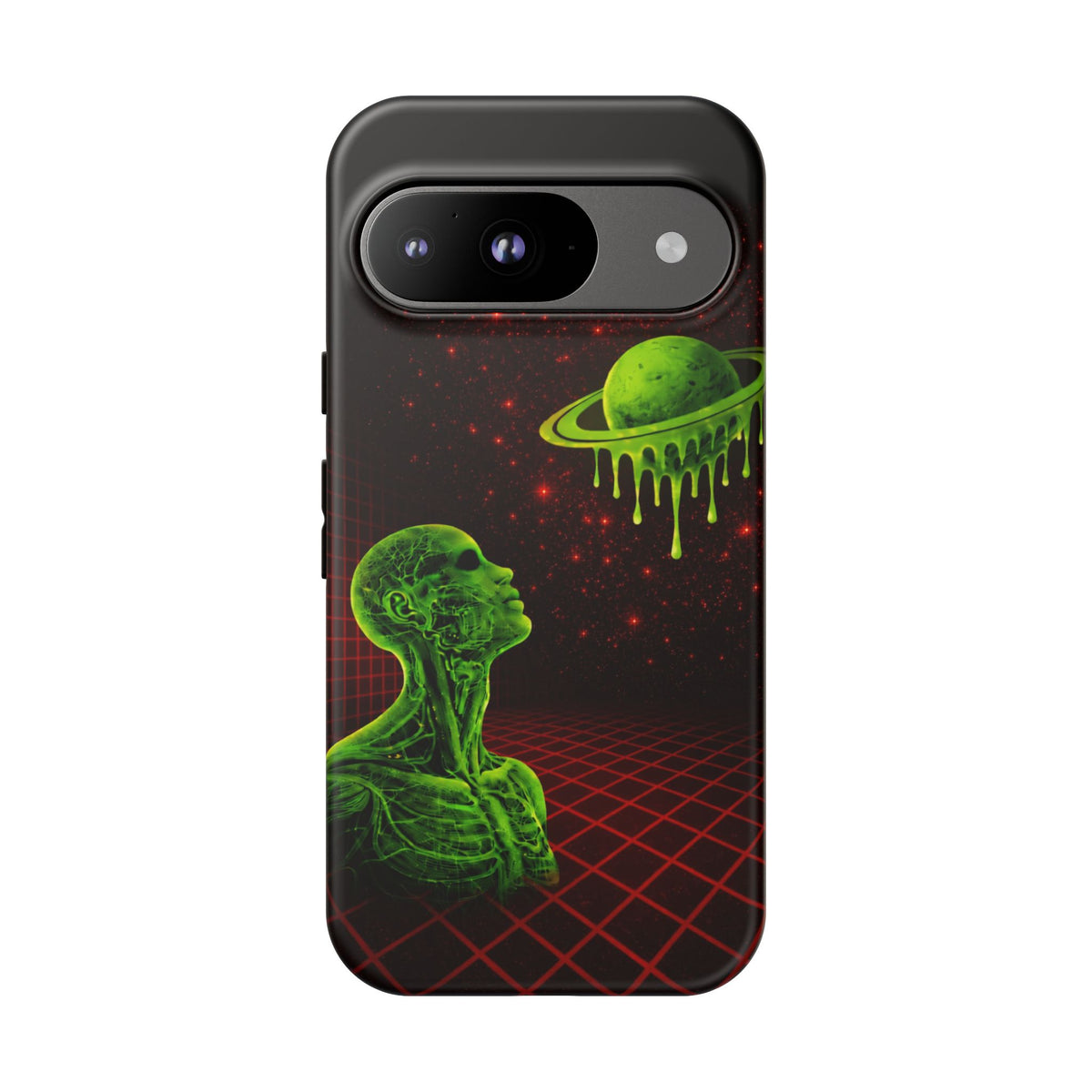 Glowing green anatomical bust gazing up at a dripping Saturn-like planet over a red grid and star-speckled space background on a black phone case.