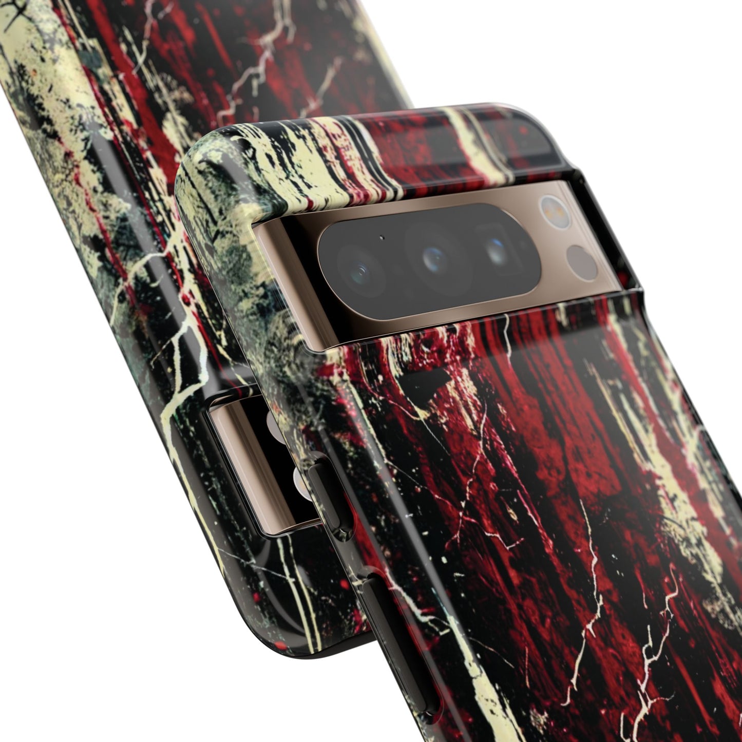 Corrosive impact-resistant phone case with distressed red, black, and bone-white design for iPhone, Samsung, and Google Pixel by NecroGrip.