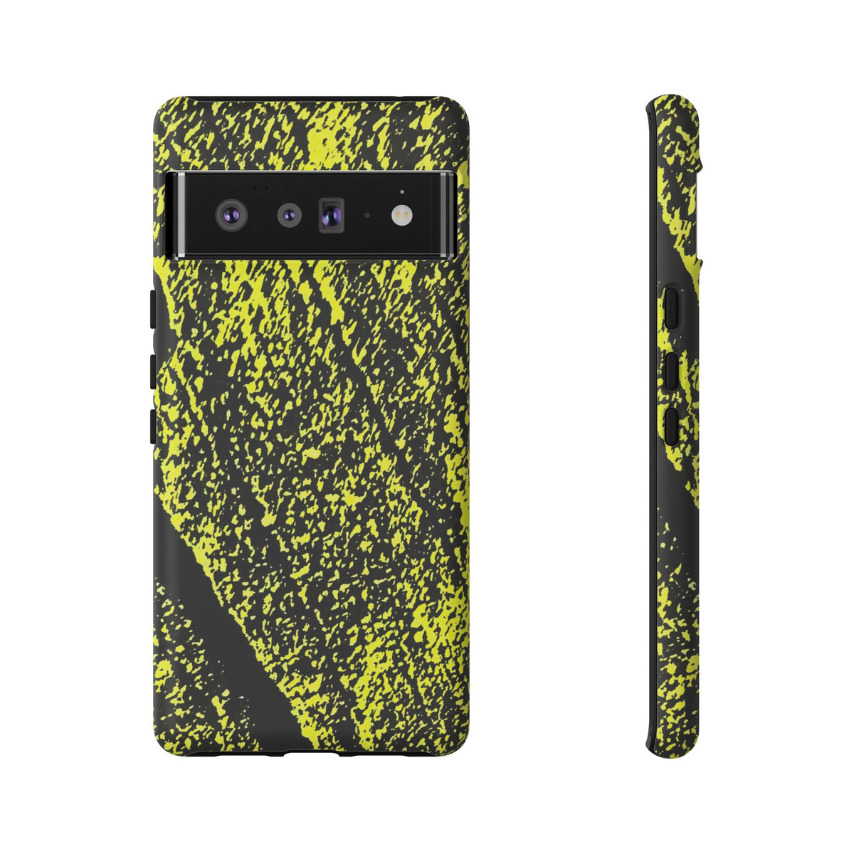A smartphone case shown from the back and side on a plain white background. The case has a black base with a bright neon yellow splatter or paint-splashed pattern across most of the surface.