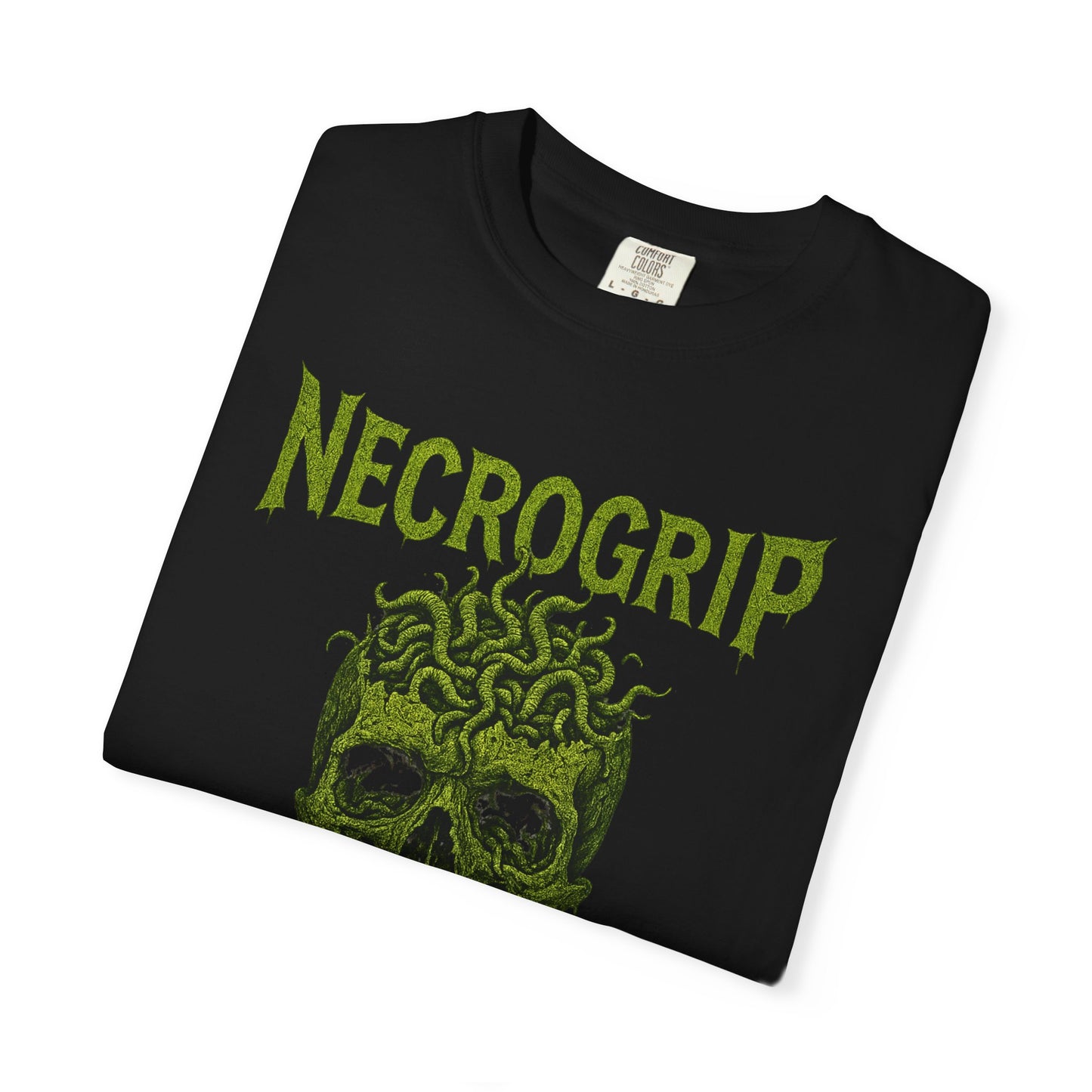 Comfort Colors tee with “Brain Rot” design showing a decomposing skull infested with worms under bold NecroGrip text