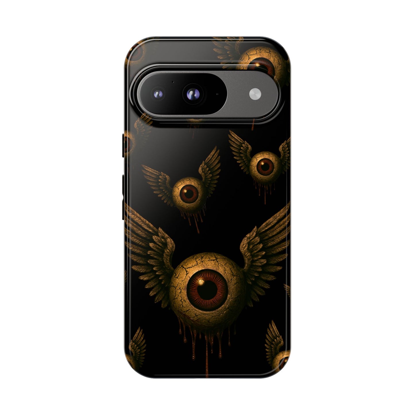 Black phone case with multiple cracked eyeballs with wings, dripping in rust, flying across a dark void.