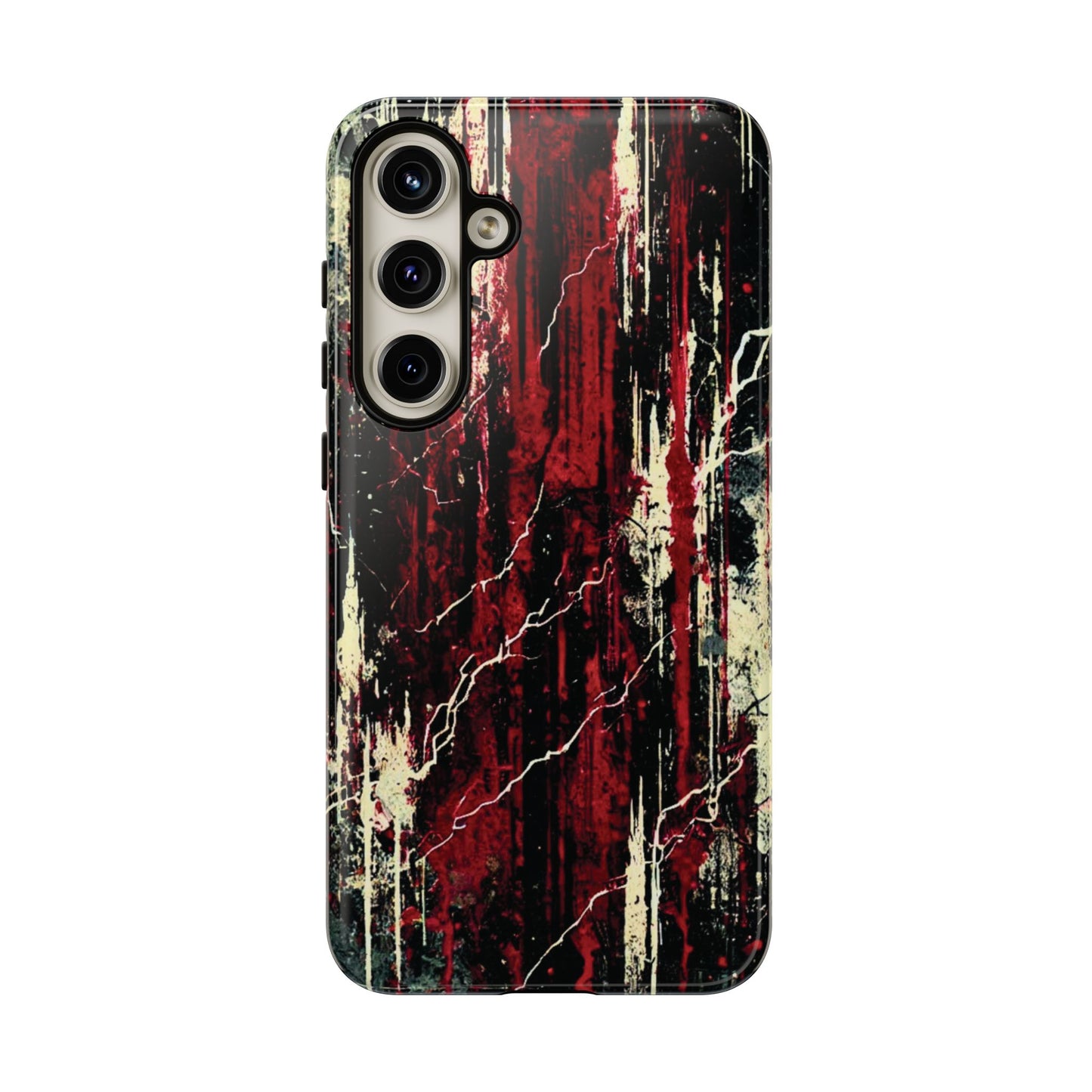 Corrosive impact-resistant phone case with distressed red, black, and bone-white design for iPhone, Samsung, and Google Pixel by NecroGrip.