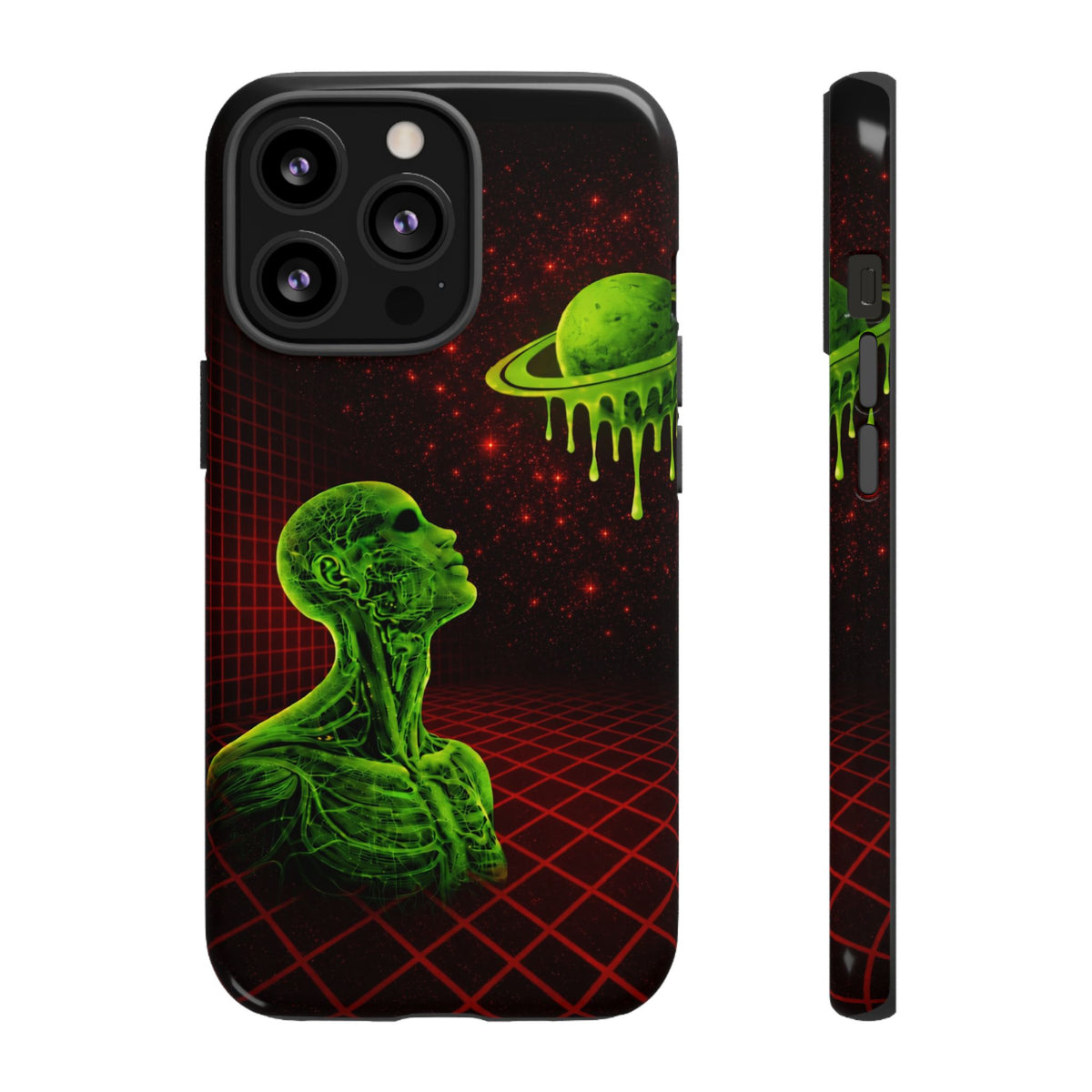 Glowing green anatomical bust gazing up at a dripping Saturn-like planet over a red grid and star-speckled space background on a black phone case.