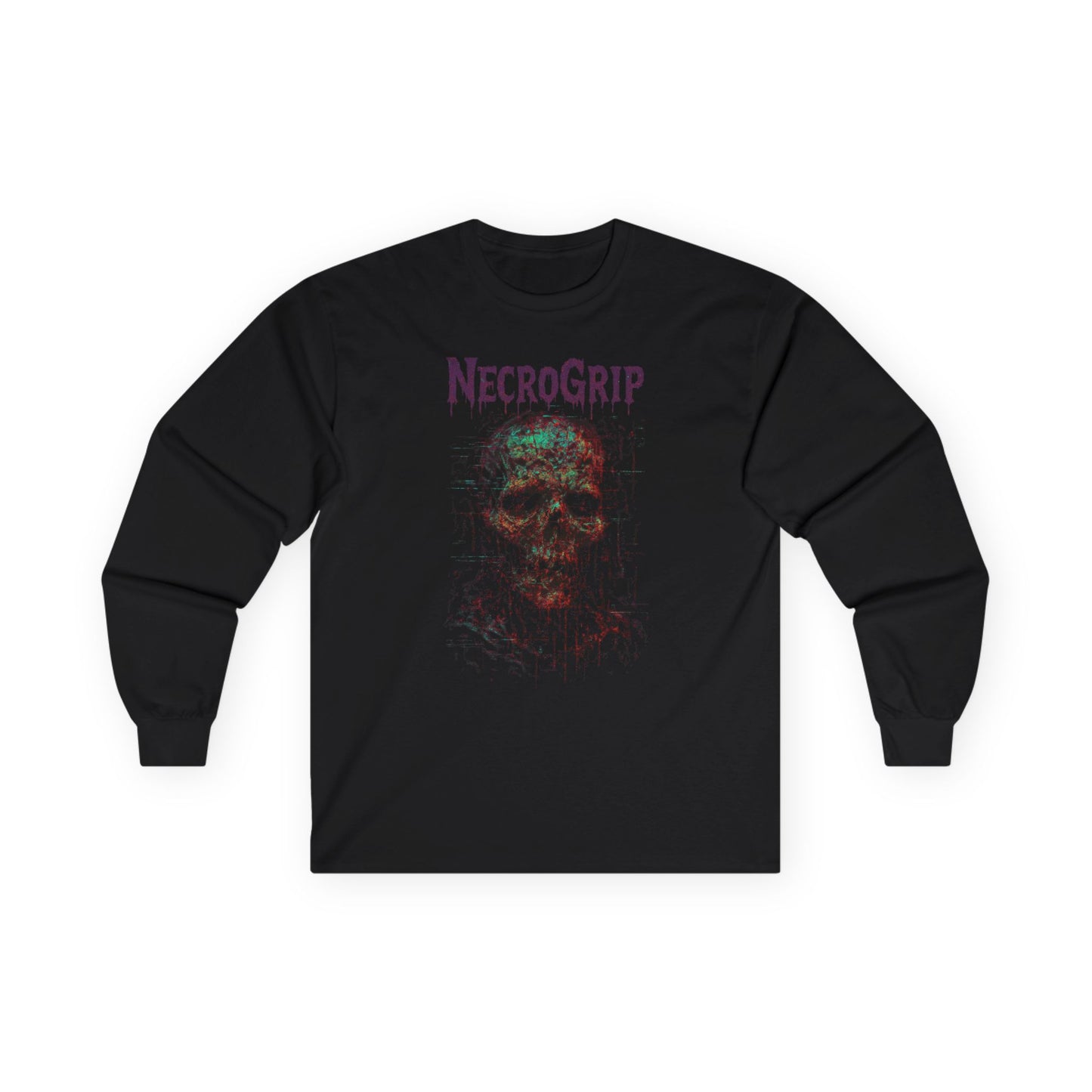 Rotten Signal long sleeve black tee with fractured glitch skull design and NecroGrip logo, heavy cotton, flat lay mockup.