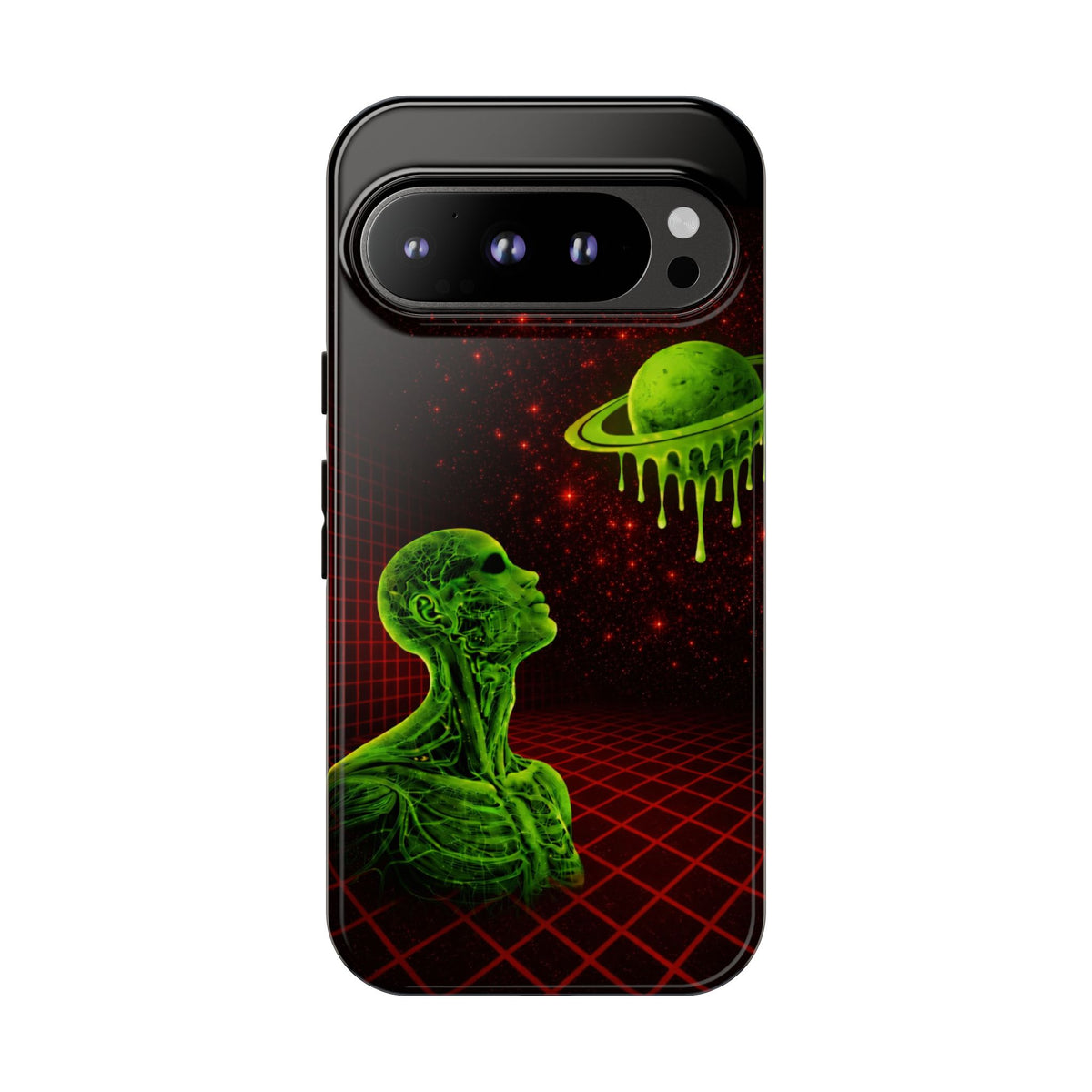 Glowing green anatomical bust gazing up at a dripping Saturn-like planet over a red grid and star-speckled space background on a black phone case.