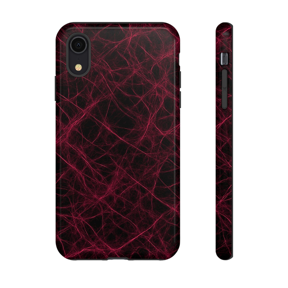 Crimson Synapse abstract pattern of tangled red filaments on a black background, resembling a glowing neural network.