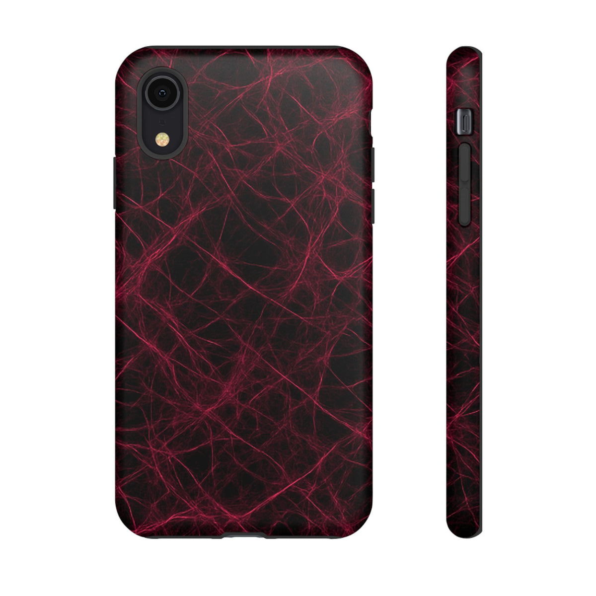 Phone case with red and black abstract pattern on a white background