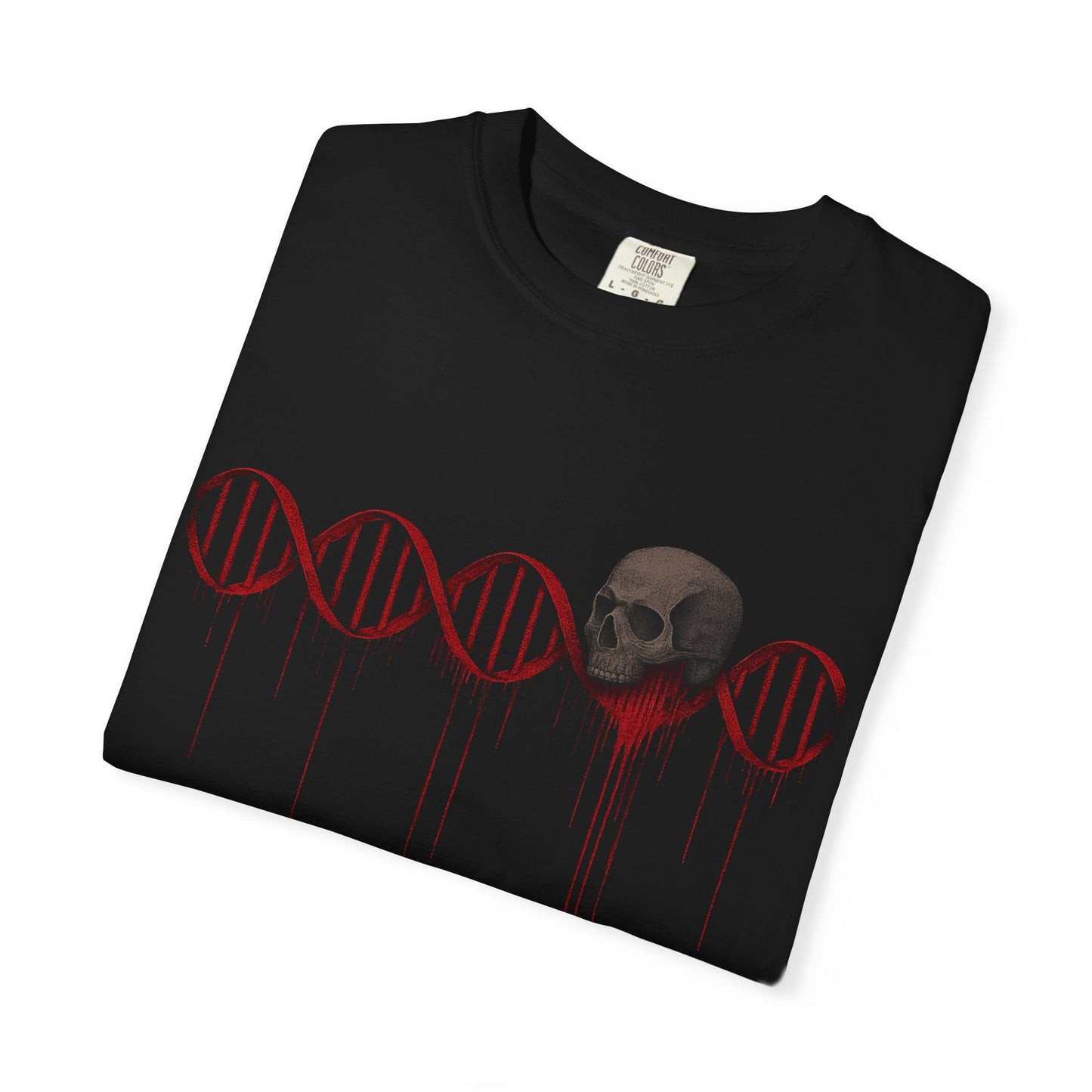 Folded Helix Drip tee close-up — bone-white skull and crimson streaks cutting through double helix design on black cotton fabric.