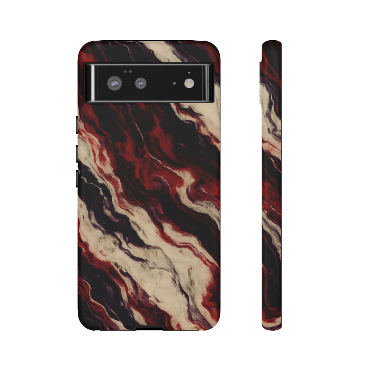 NecroGrip “Fascia” impact-resistant phone case with red, bone, and black marbled streaks, abstract muscle-like pattern on a slim dual-layer shell.