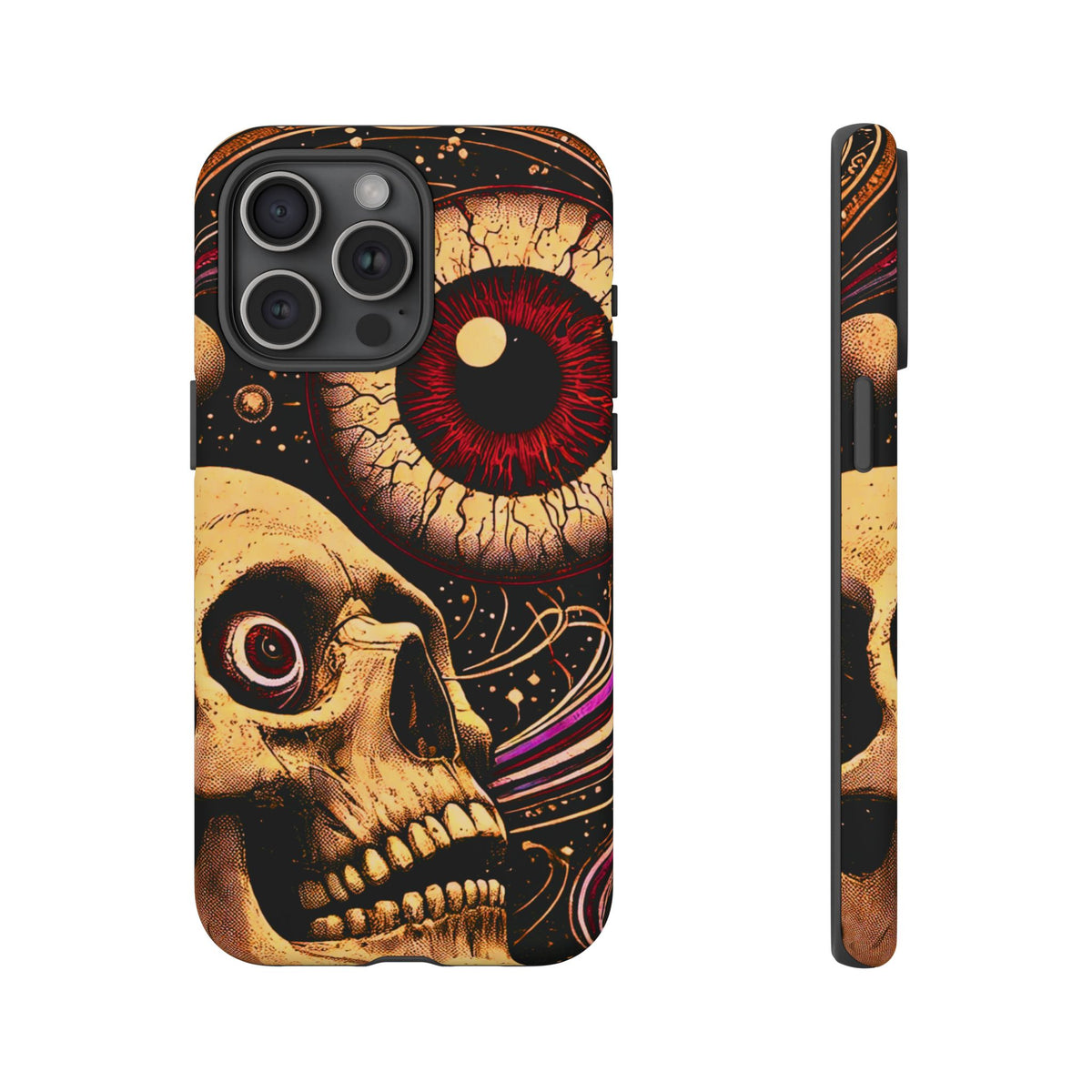 Impact-resistant tough phone case featuring a dark cosmic skull and eye design on a durable dual-layer shell by NecroGrip.