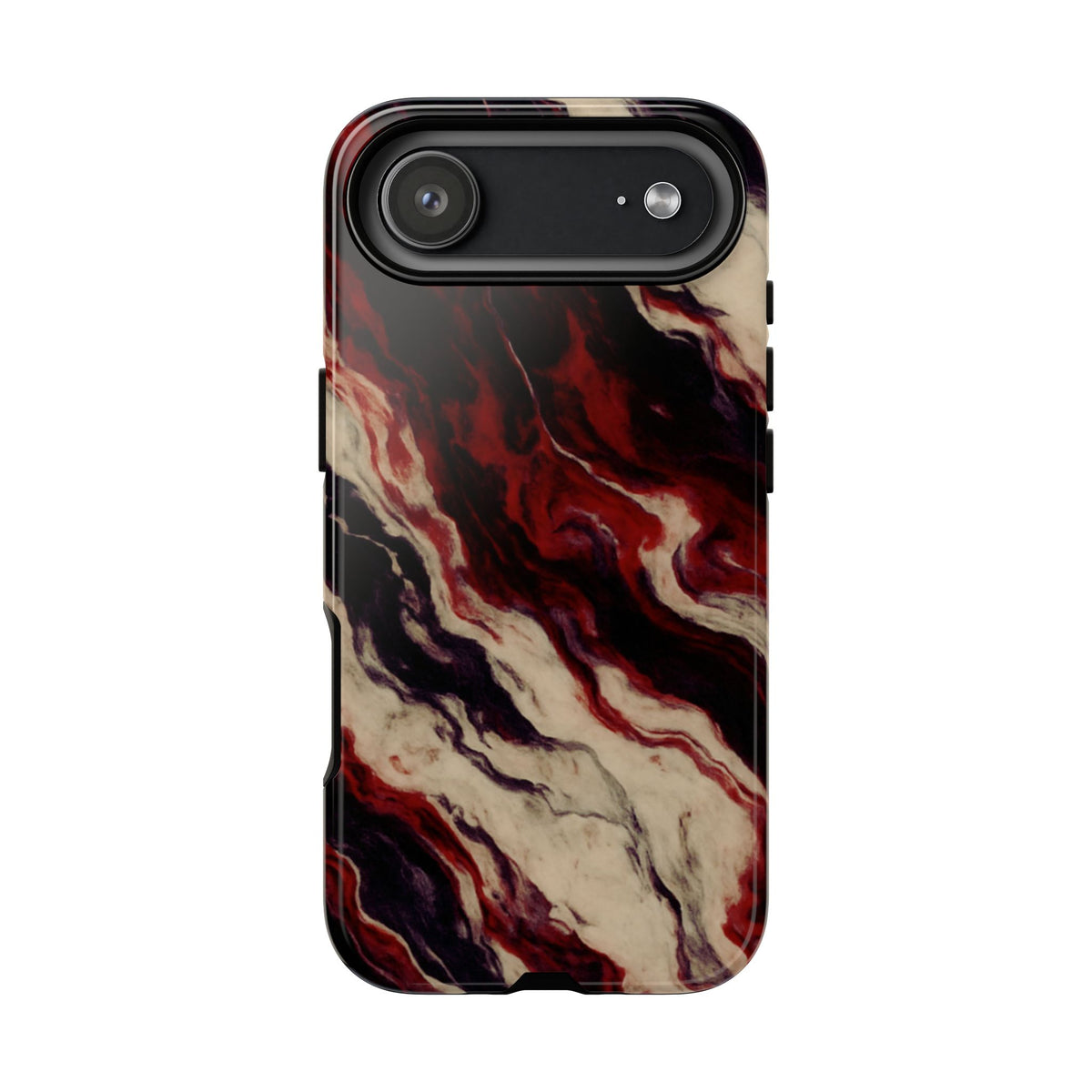 NecroGrip “Fascia” impact-resistant phone case with red, bone, and black marbled streaks, abstract muscle-like pattern on a slim dual-layer shell.