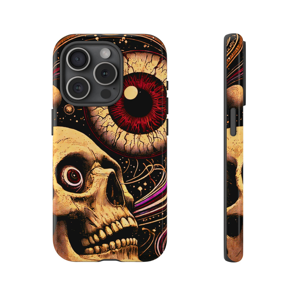 Impact-resistant tough phone case featuring a dark cosmic skull and eye design on a durable dual-layer shell by NecroGrip.