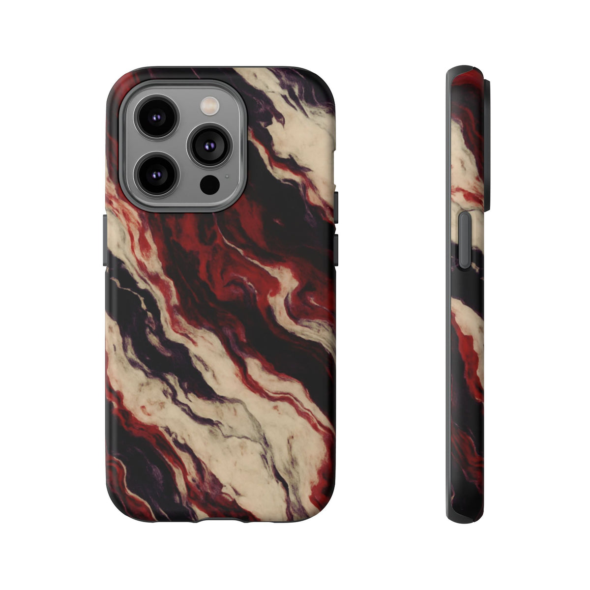 NecroGrip “Fascia” impact-resistant phone case with red, bone, and black marbled streaks, abstract muscle-like pattern on a slim dual-layer shell.
