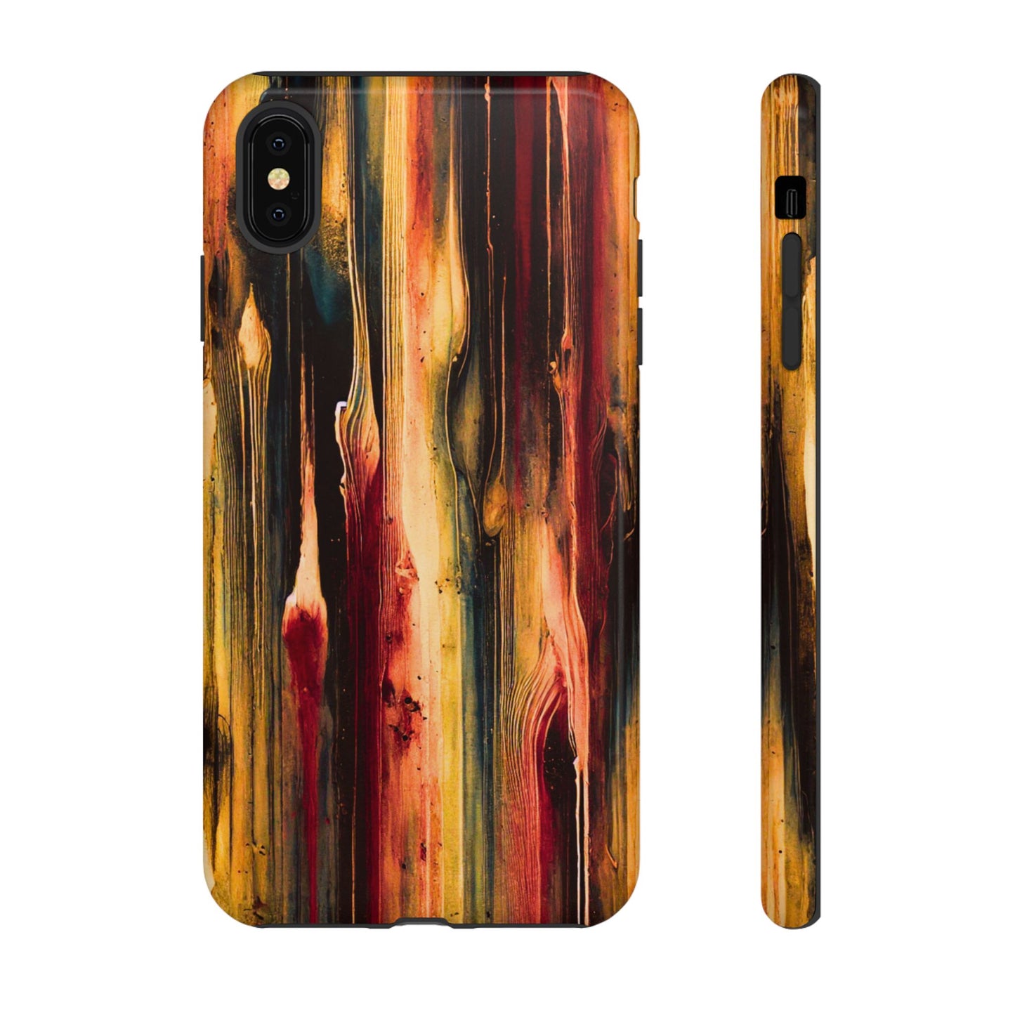 Rupture by NecroGrip tough phone case with red, gold, and black drip design