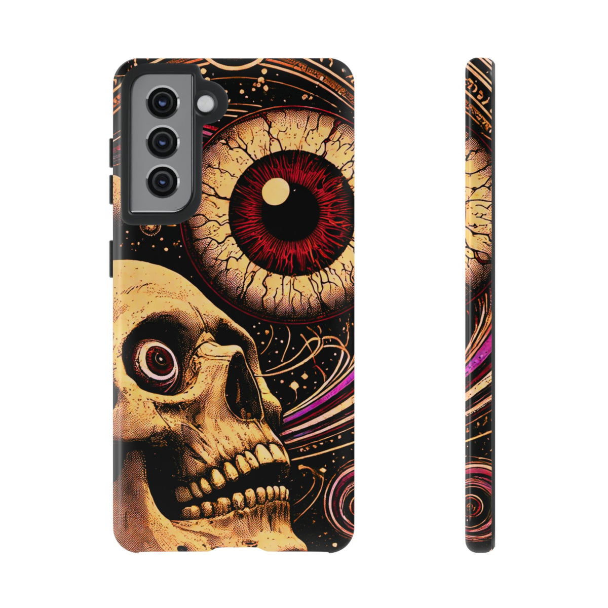 Impact-resistant tough phone case featuring a dark cosmic skull and eye design on a durable dual-layer shell by NecroGrip.
