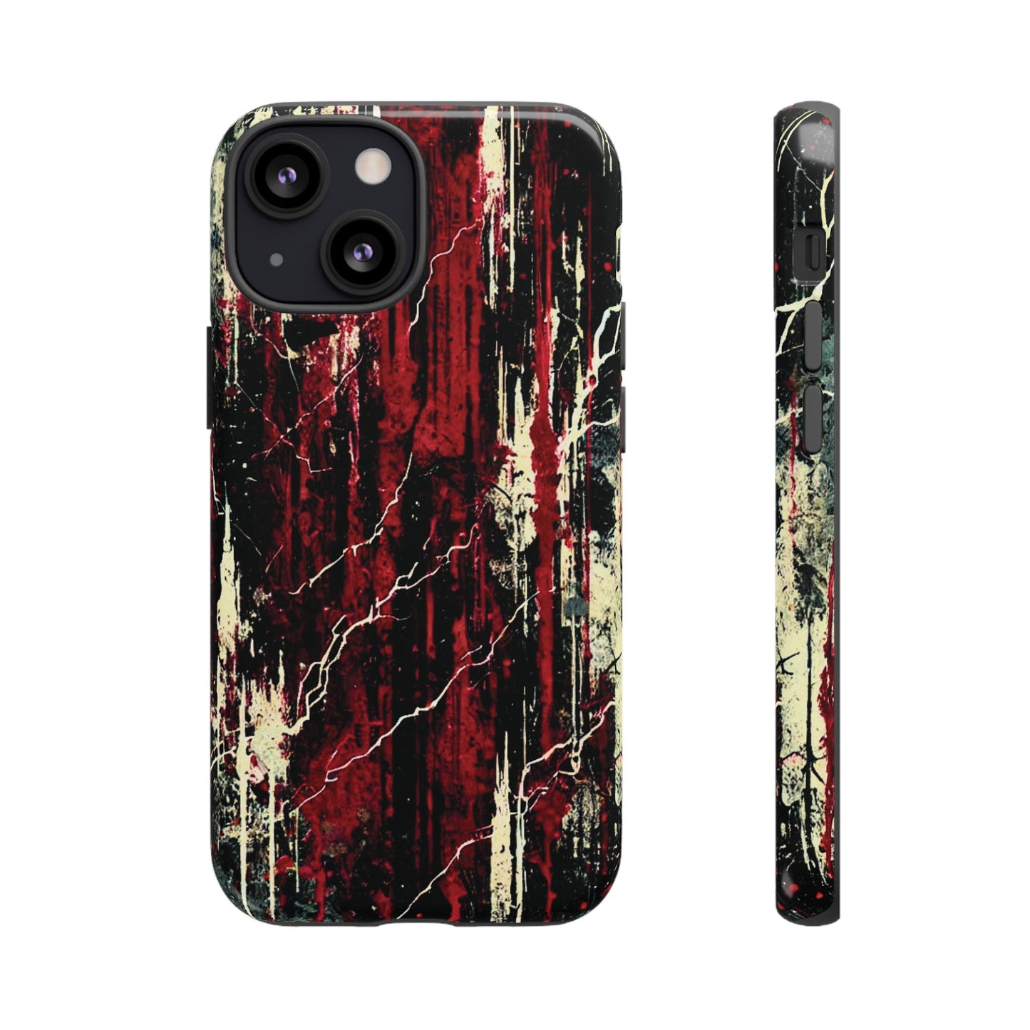Corrosive impact-resistant phone case with distressed red, black, and bone-white design for iPhone, Samsung, and Google Pixel by NecroGrip.