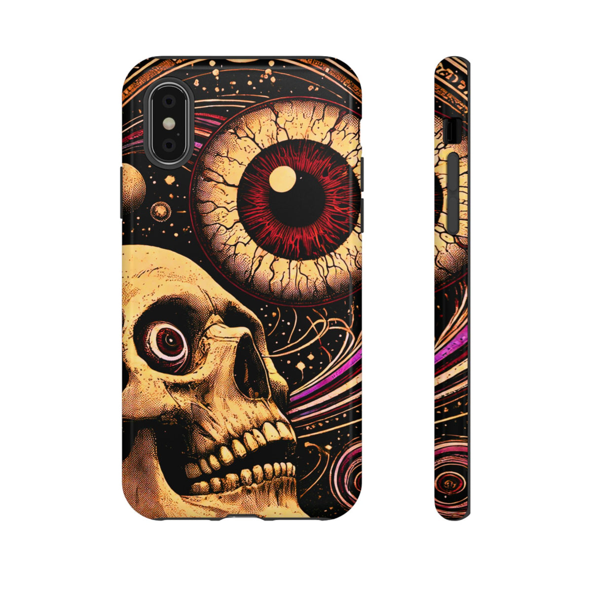Impact-resistant tough phone case featuring a dark cosmic skull and eye design on a durable dual-layer shell by NecroGrip.