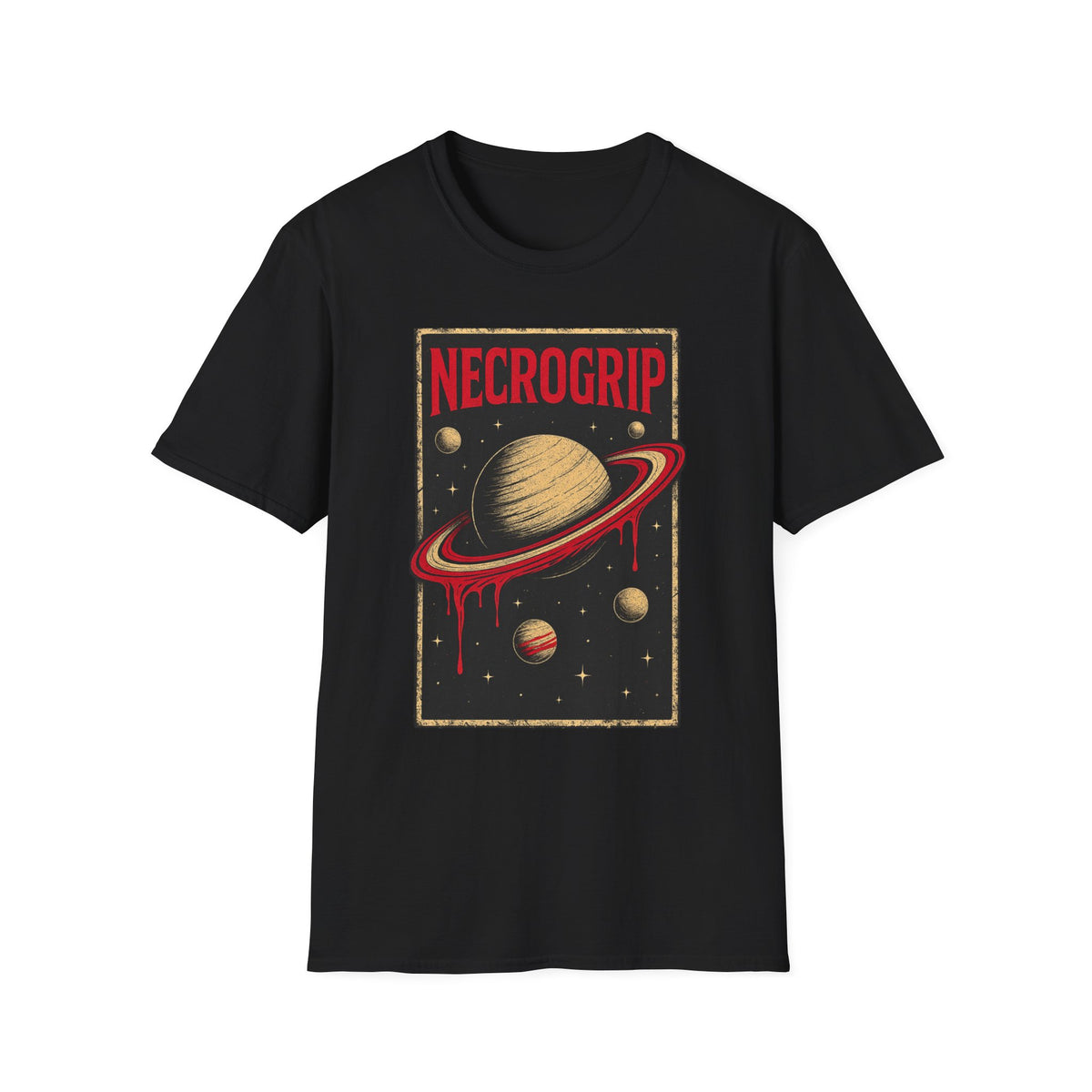 Blood Rings T-Shirt by NecroGrip — vintage sci-fi horror Saturn shirt with occult drip and cosmic decay aesthetic. Printed on Gildan Softstyle tee.