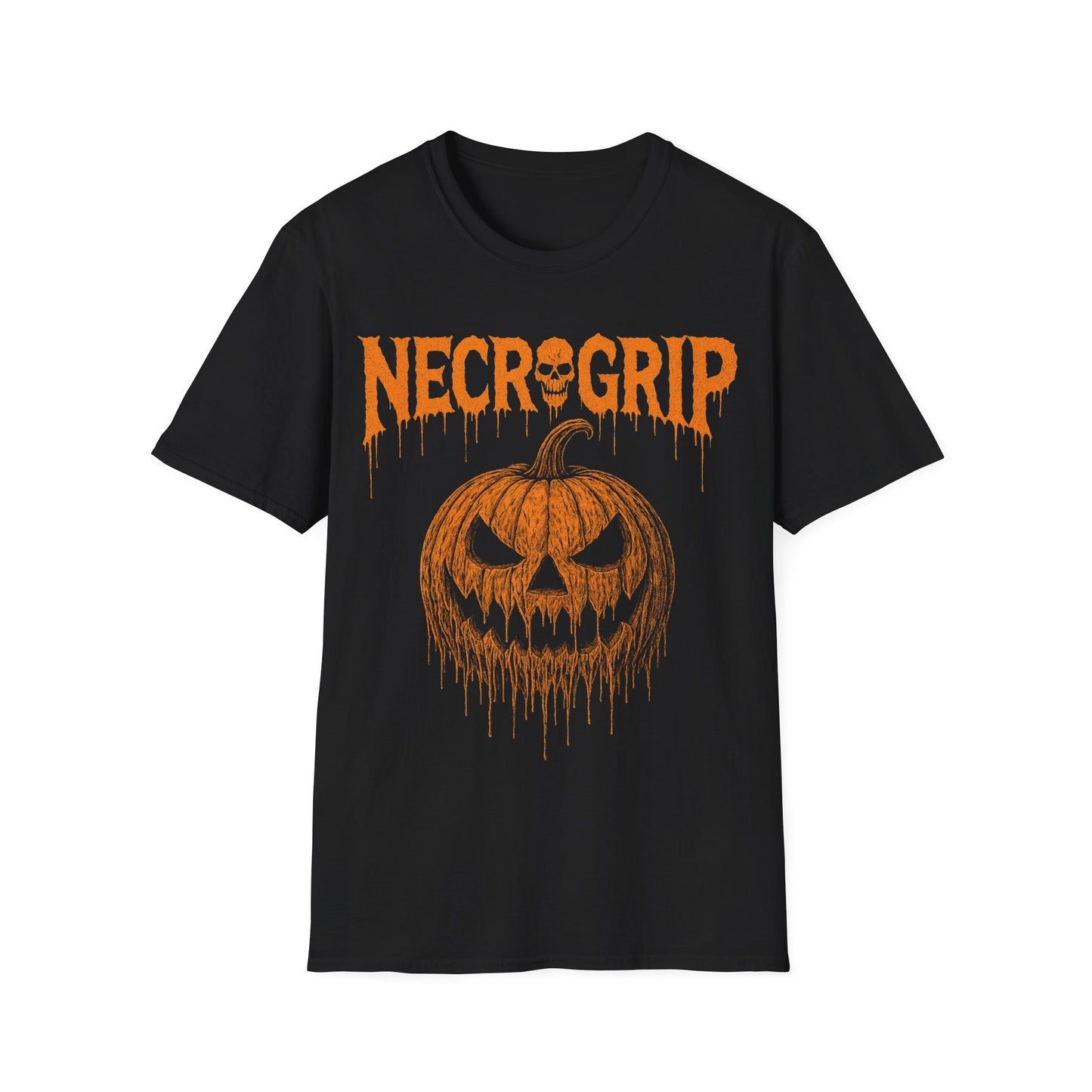black Gildan Softstyle tee with a distressed pumpkin face graphic, gothic horror streetwear by NecroGrip.
