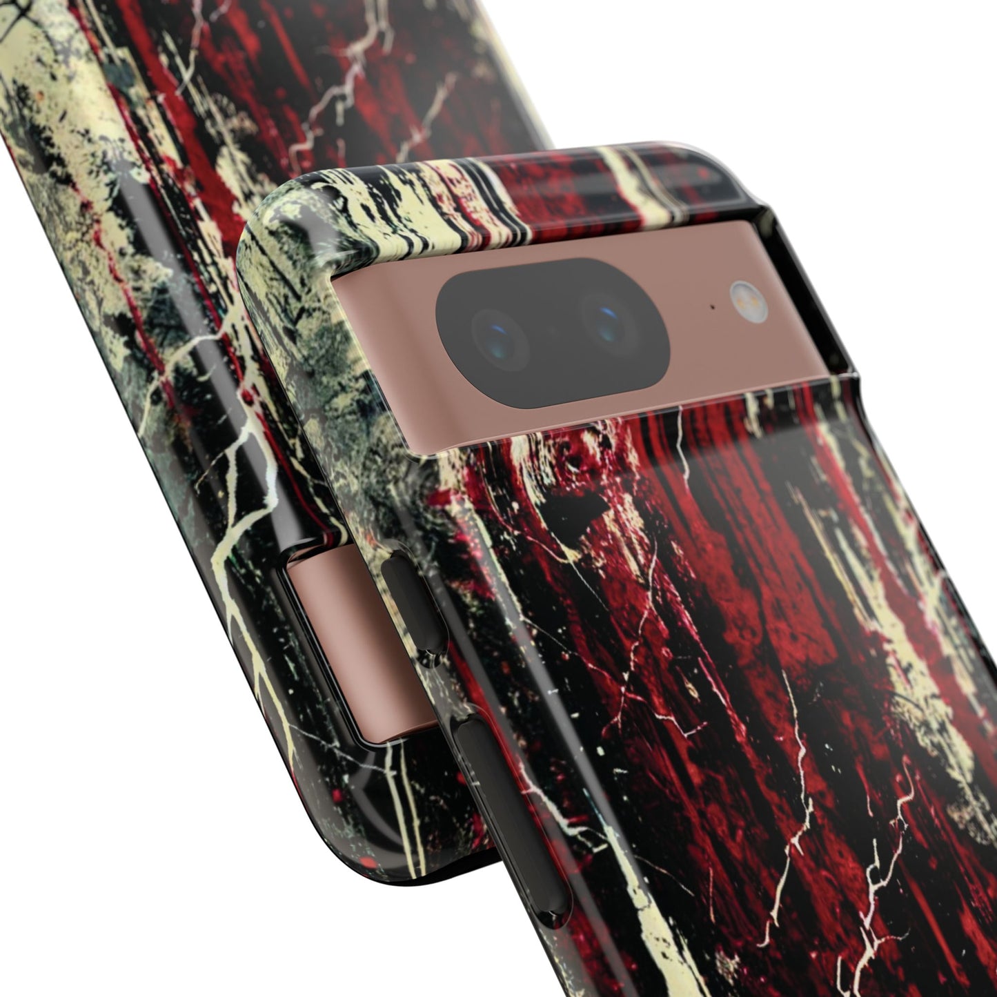 Corrosive impact-resistant phone case with distressed red, black, and bone-white design for iPhone, Samsung, and Google Pixel by NecroGrip.