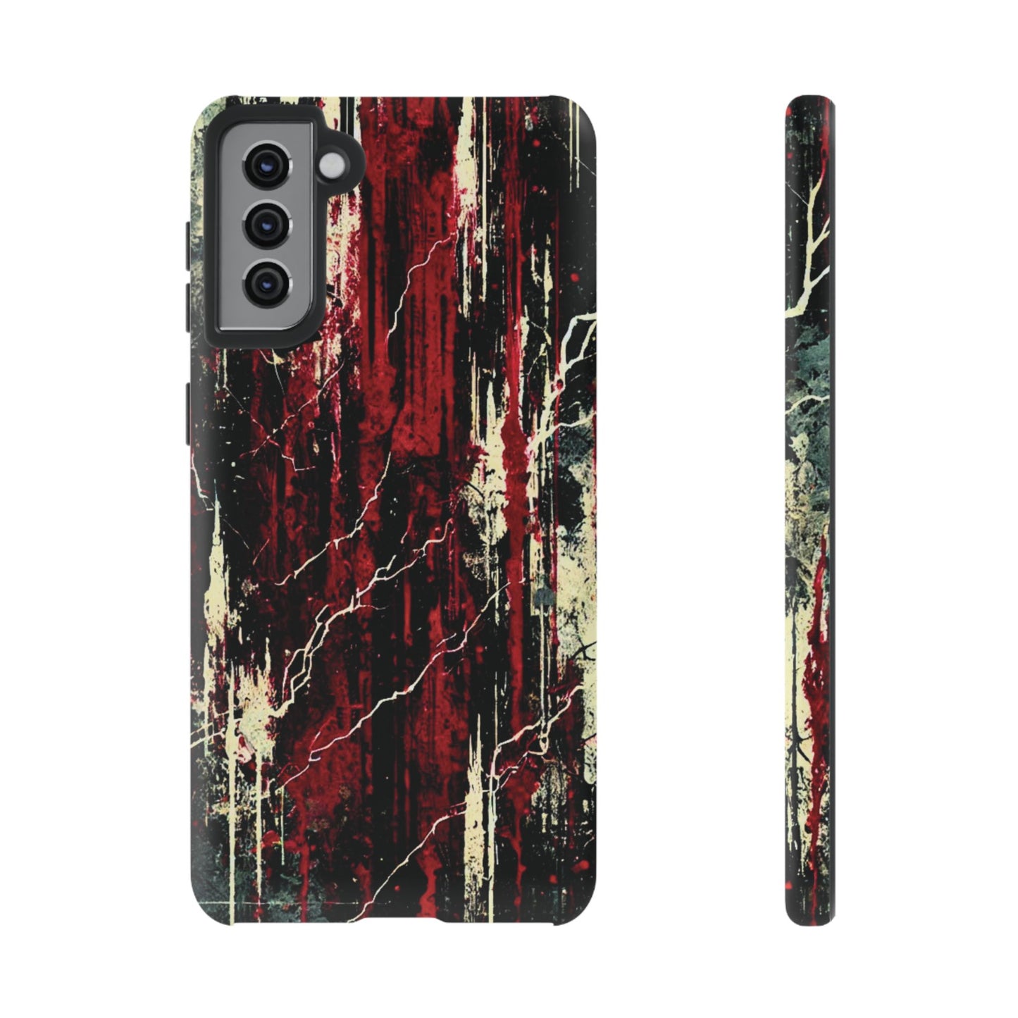 Corrosive impact-resistant phone case with distressed red, black, and bone-white design for iPhone, Samsung, and Google Pixel by NecroGrip.
