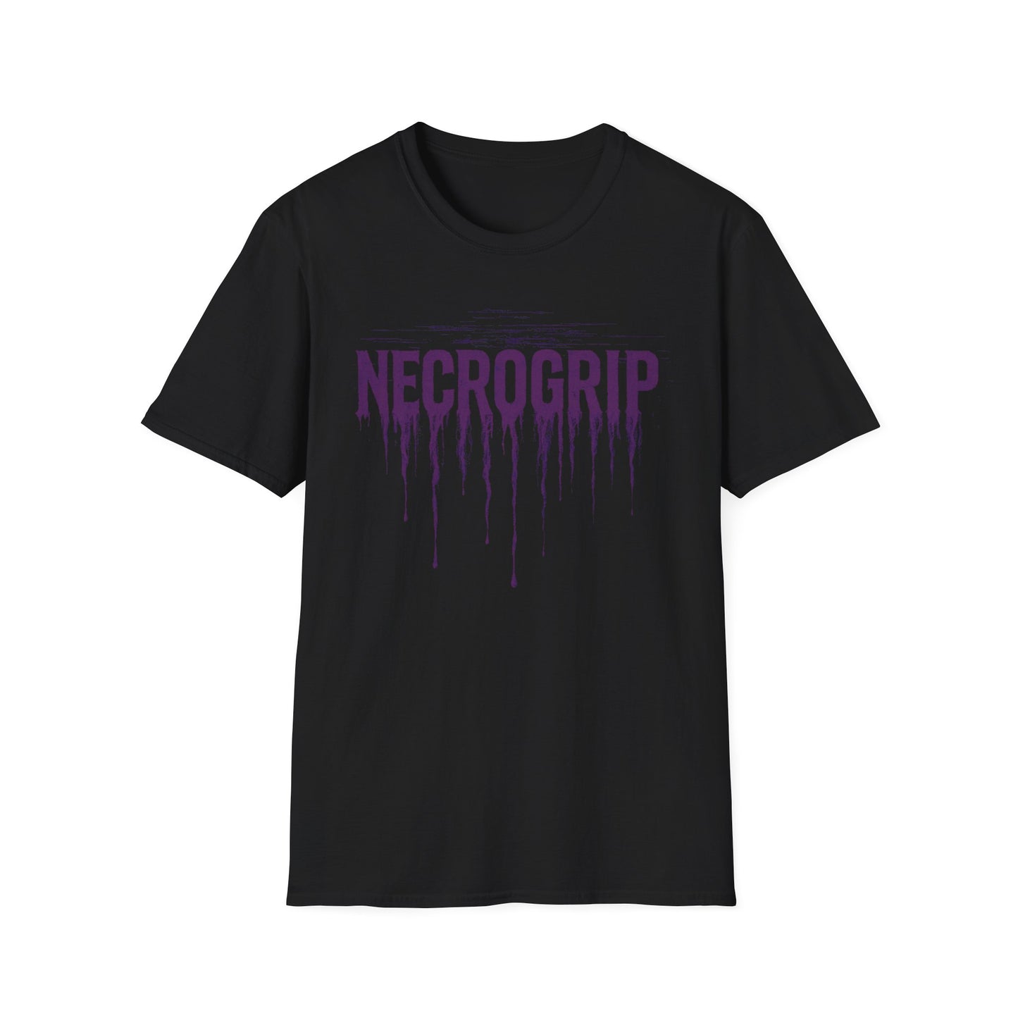 NecroGrip Drip Logo Tee — bold purple rotwear logo design on black t-shirt — glitch-streaked print — streetwear for the dead cool.