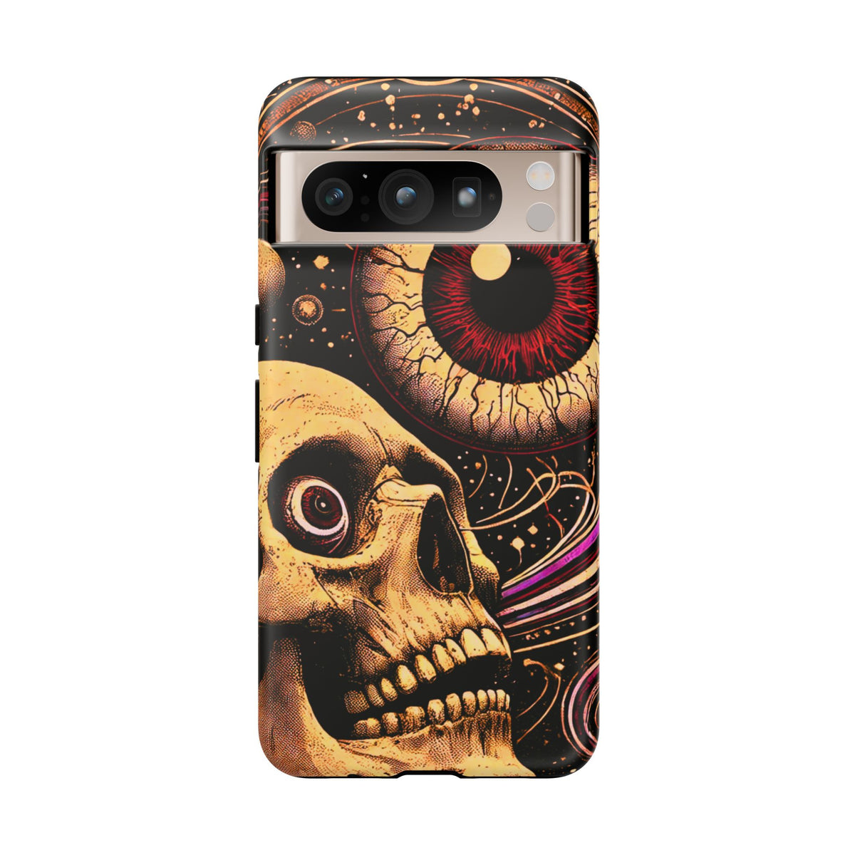 Impact-resistant tough phone case featuring a dark cosmic skull and eye design on a durable dual-layer shell by NecroGrip.